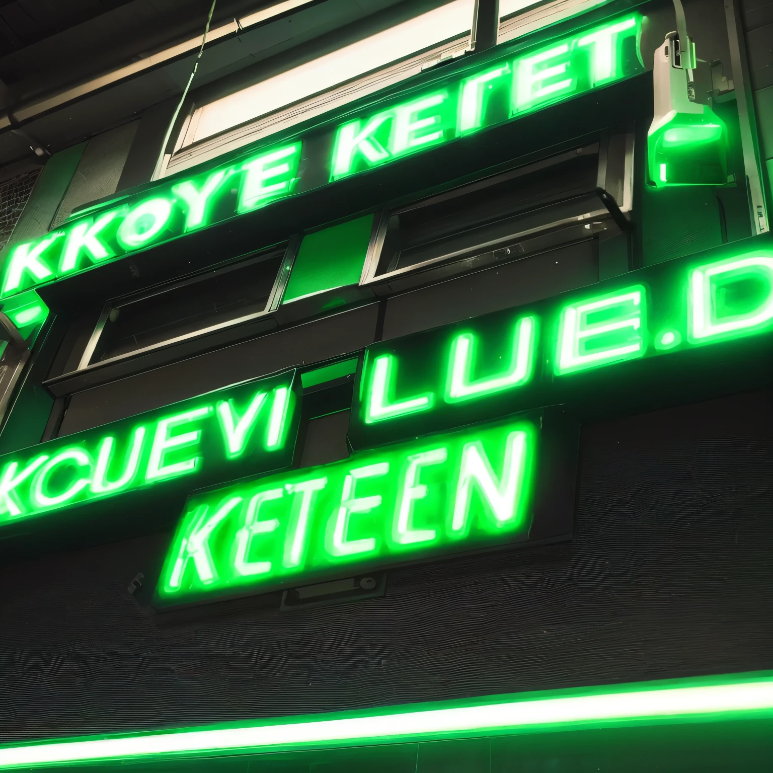 A green, neon, LED sign shaped like a key, with ablack background