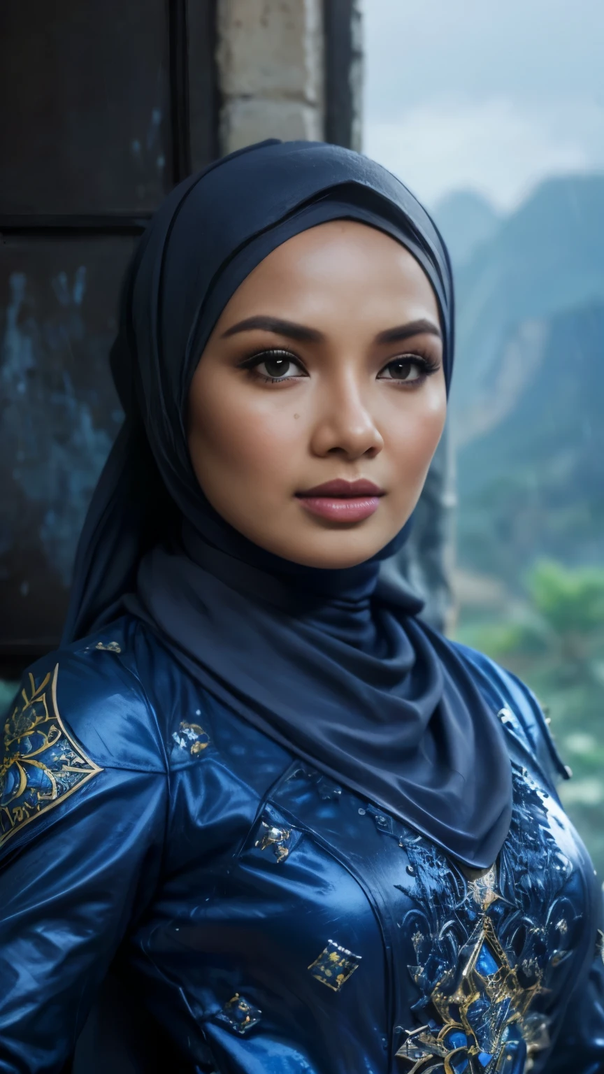 a malay woman in hijab and a blue dress, realistic Art Station, hard raining scene, Detailed Fantasy Art, Stunning Character Art, beautiful Exquisite Character Art, Beautiful black Armor, Extremely Detailed, blue armor Girl, Exquisite Intricate Headdress and Jewelry, whole body capture