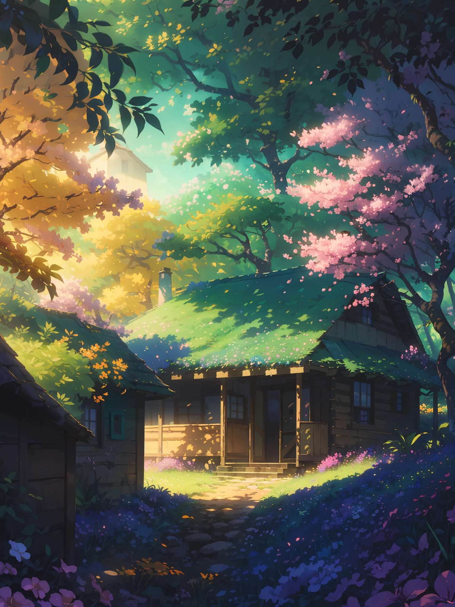 (masterpiece:1), (wide view:1.7),(beautiful blue colored cabin:1.8), (nature:1.3), (daytime:1.6), (yellow and orange trees:1.65), silence, (spring season:1.5), (stairs:1.5), (tropical leafy plants:1.7), (bright light:1.5), magnificent sky, (volumetric light:1.2), peaceful, (muddy path:1.4), (covered with Bougainville flowers:1.5),(bright light:1.3), (calmness:1.3), (ambient light:1.5), (scenery:1.4), (beautiful aesthetics:1.2), (landscape:1.5), (long grass:1.4) beautiful tones, subtle colors, peaceful, (illustration: 1.0), epic composition, realistic lighting, (no human:1.6), HD details, masterpiece, best quality, ,
