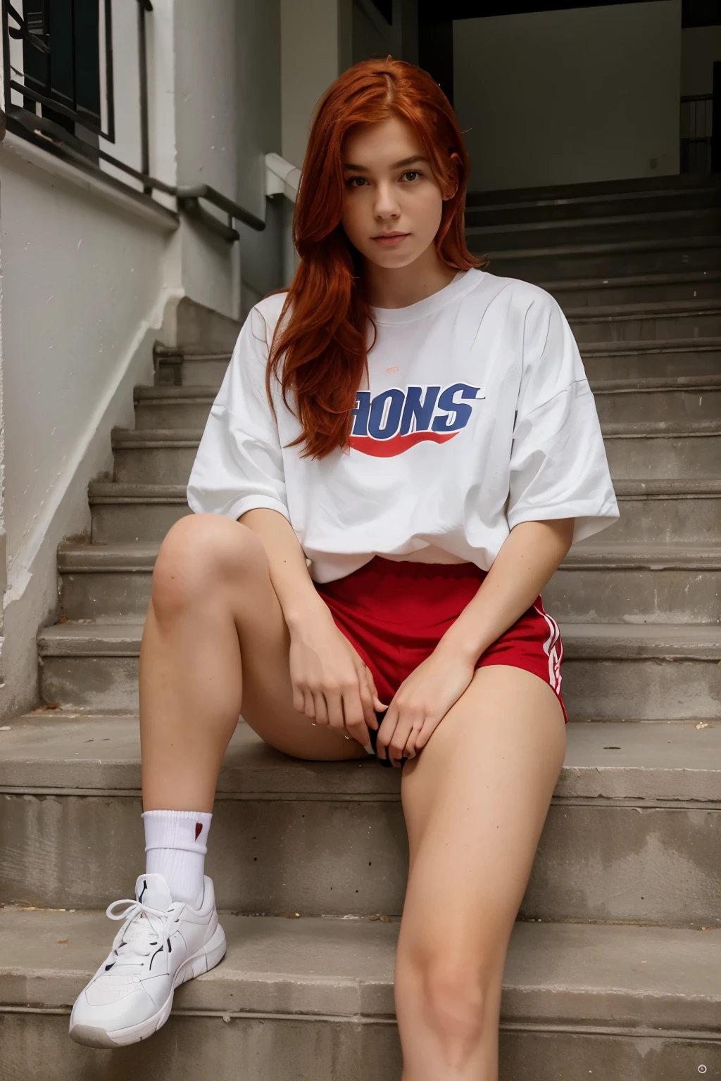 20 year old woman, in sportswear, on the stairs, red hair, white skin.