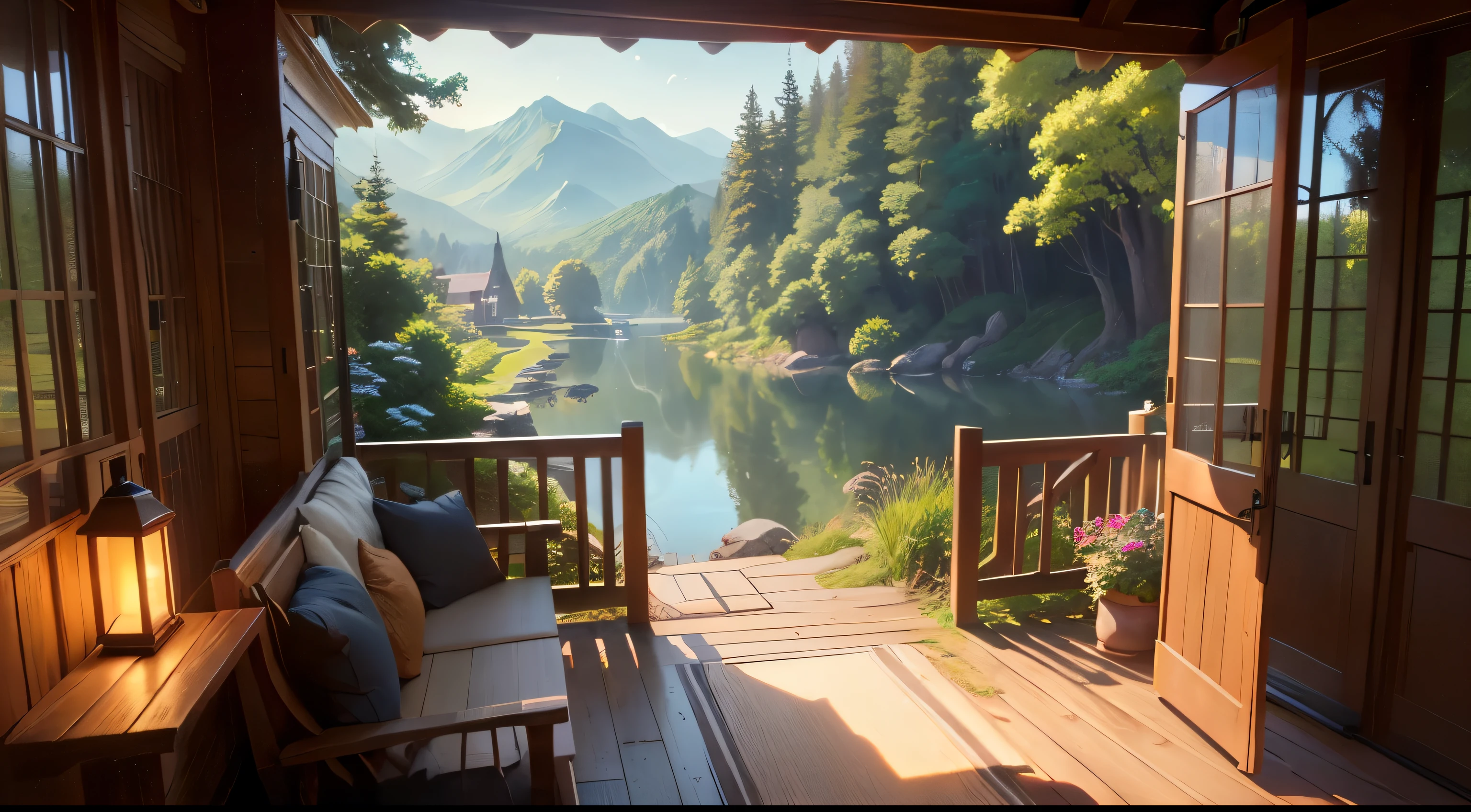 arafed porch with a couch and a table with candles, cozy place, cozy and peaceful atmosphere, comfy ambience, cozy setting, cozy atmospheric, cozy atmosphere, soothing and cozy landscape, cozy and calm, cozy home background, pleasant cozy atmosphere, cozy aesthetic, relaxing atmosphere, cosy atmosphere, beautiful ambiance, cottagecore, detailed scenery —width 672, studio ghibli environment, highly detailed scene, environment design illustration, beautiful anime scene, ghibli studio style, anime scenery, detailed soft painting, environment painting