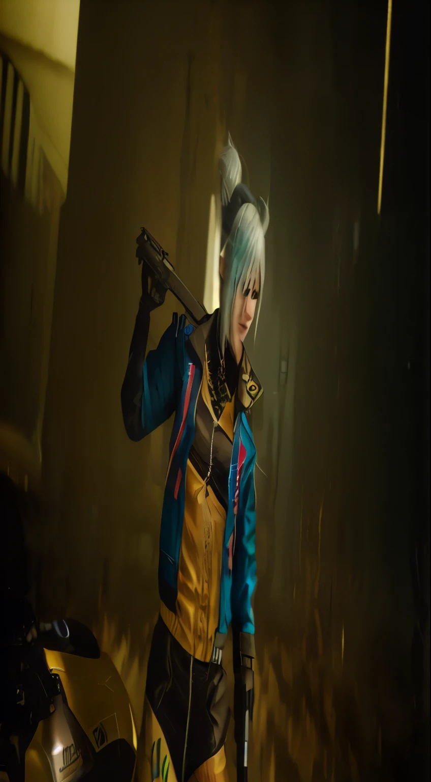 there is a woman with a gun and a motorcycle in the background, wearing ciberpunk 2 0 7 7 jacket, style of ciberpunk 2 0 7 7, ciberpunk 2077”, in ciberpunk 2 0 7 7 cp 2 0 7 7, cor cyberpunk 2077, ( ciberpunk 2 0 7 7, no cyberpunk 2077