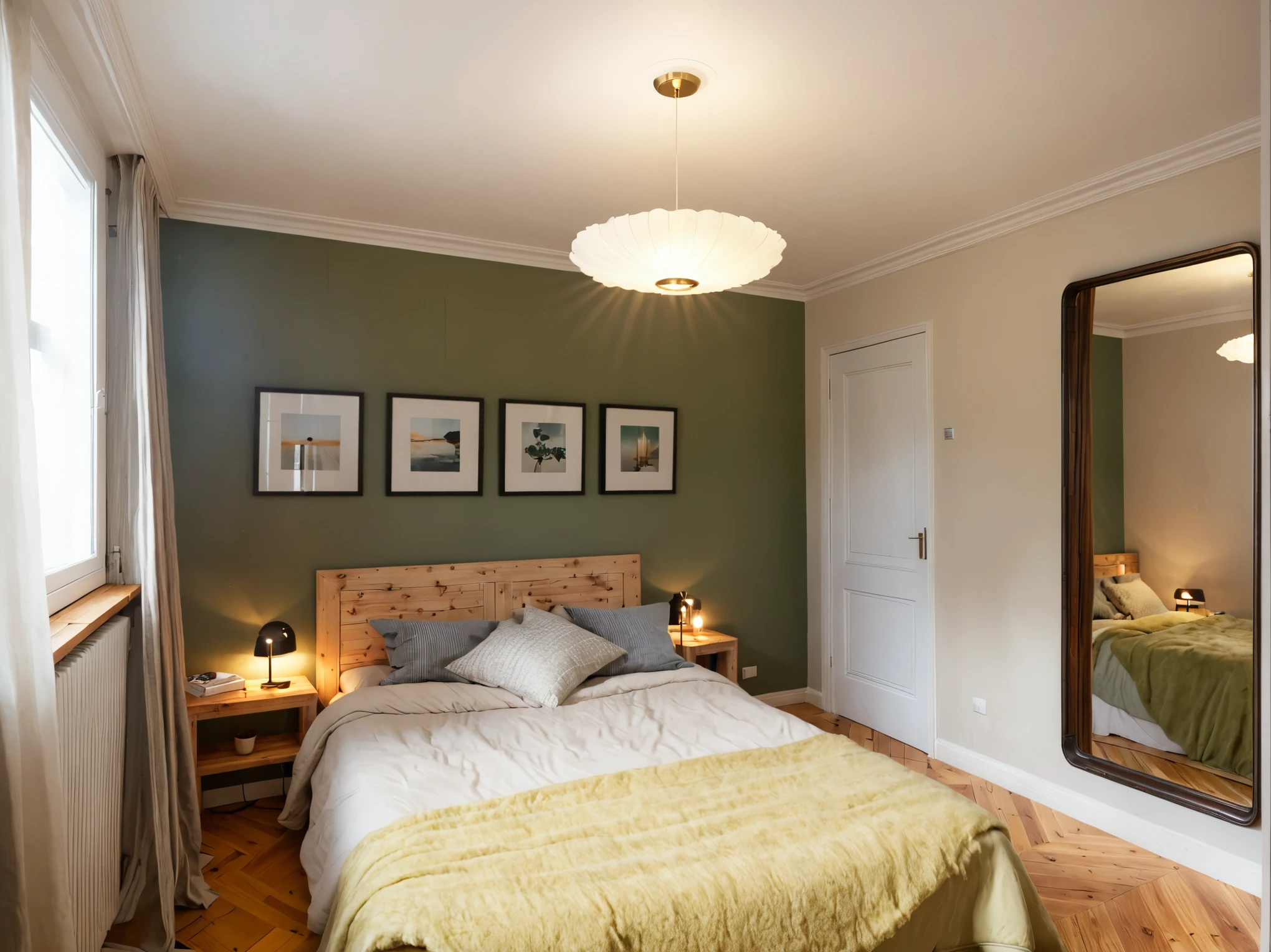 a cozy bedroom, woodfloor, mirror