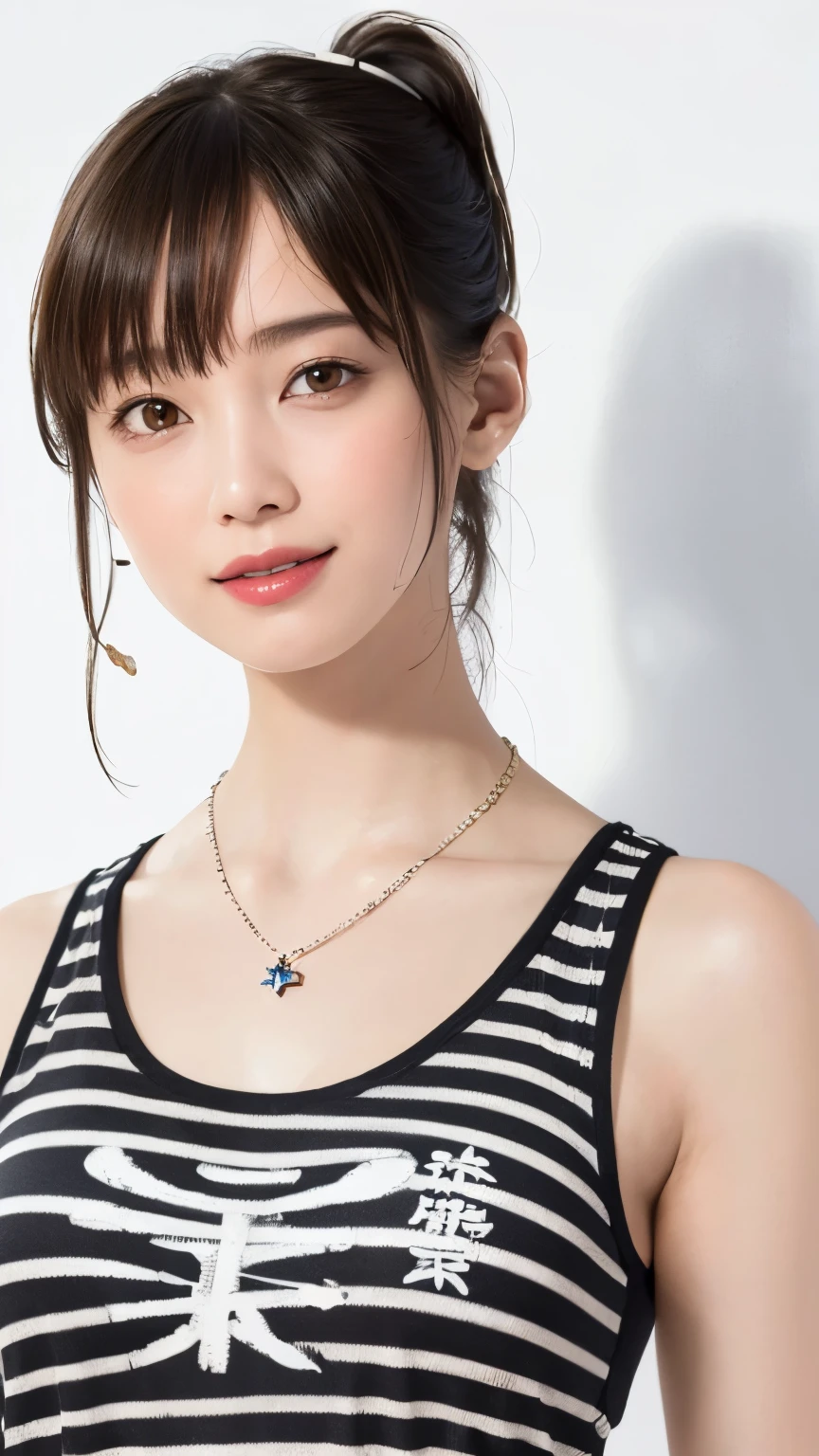 (highest quality、8K、32k、masterpiece)、(realistic)、(Photoreal:1.2)、(High resolution)、Super detailed、very beautiful face and eyes、1 girl、round and small face、thin waist、delicate body、(close、highest quality、high detail、Rich skin details)、(highest quality、8K、oil paint:1.2)、Super detailed、(realistic、realistic:1.37)、bright colors、(((brown hair)))、(((bust shot)))、(((side ponytail)))、(((pure white wall background)))、(((pure white wall background)))、(((Wearing a tank top with a kanji pattern)))、(((look straight ahead)))、(((brown hair)))、(((smile)))、(((sweaty skin)))、(((teeth visible)))、(((The black and white tank top looks great on you)))、(((wearing a star necklace)))、((Tank top with kanji written on it))、(((((I'm touching my cheek with my right hand)))))