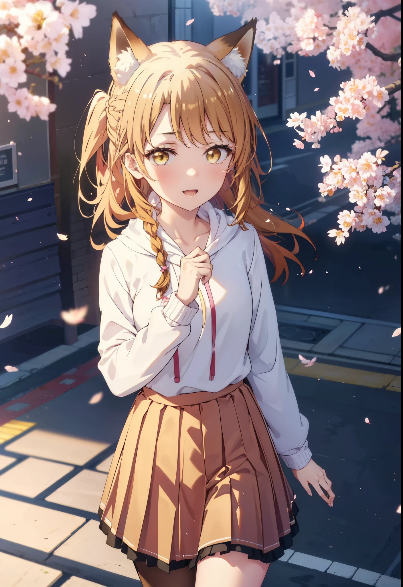 irohaisshiki, iroha isshiki, long hair, brown hair, (brown eyes:1.5), happy smile, smile, open your mouth,short braided hair,ponytail,animal ears　fox ears,animal tail　Fox tail oversized pink hoodie,yellow pleated long skirt,white pantyhose,Mini Boots,walking,Cherry blossom tree-lined path,cherry blossoms are blooming,Cherry blossoms are scattered,noon,look from top to bottom,
break outdoors, garden,
break looking at viewer, Upper body,(cowboy shot:1. 5)
break (masterpiece:1.2), highest quality, High resolution, unity 8k wallpaper, (figure:0.8), (beautiful deしっぽed eyes:1.6), extremely deしっぽed face, perfect lighting, extremely deしっぽed CG, (perfect hands, perfect anatomy),