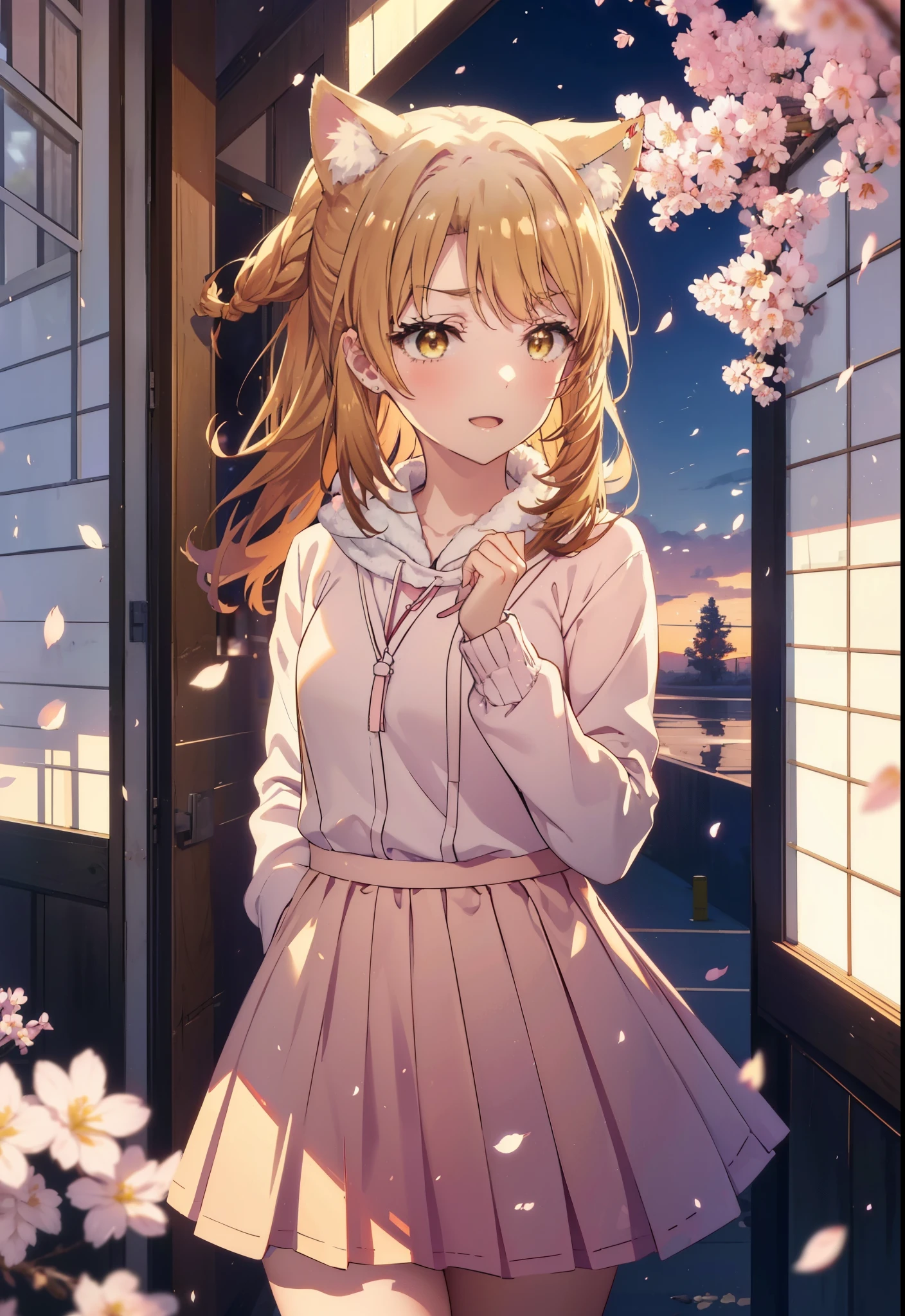 irohaisshiki, iroha isshiki, long hair, brown hair, (brown eyes:1.5), happy smile, smile, open your mouth,short braided hair,ponytail,animal ears　fox ears,animal tail　Fox tail oversized pink hoodie,yellow pleated long skirt,white pantyhose,Mini Boots,walking,Cherry blossom tree-lined path,cherry blossoms are blooming,Cherry blossoms are scattered,noon,look from top to bottom,
break outdoors, garden,
break looking at viewer, Upper body,(cowboy shot:1. 5)
break (masterpiece:1.2), highest quality, High resolution, unity 8k wallpaper, (figure:0.8), (beautiful deしっぽed eyes:1.6), extremely deしっぽed face, perfect lighting, extremely deしっぽed CG, (perfect hands, perfect anatomy),