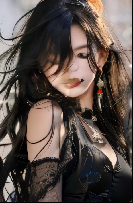 Long black hair, older sister, cigarette, red earrings