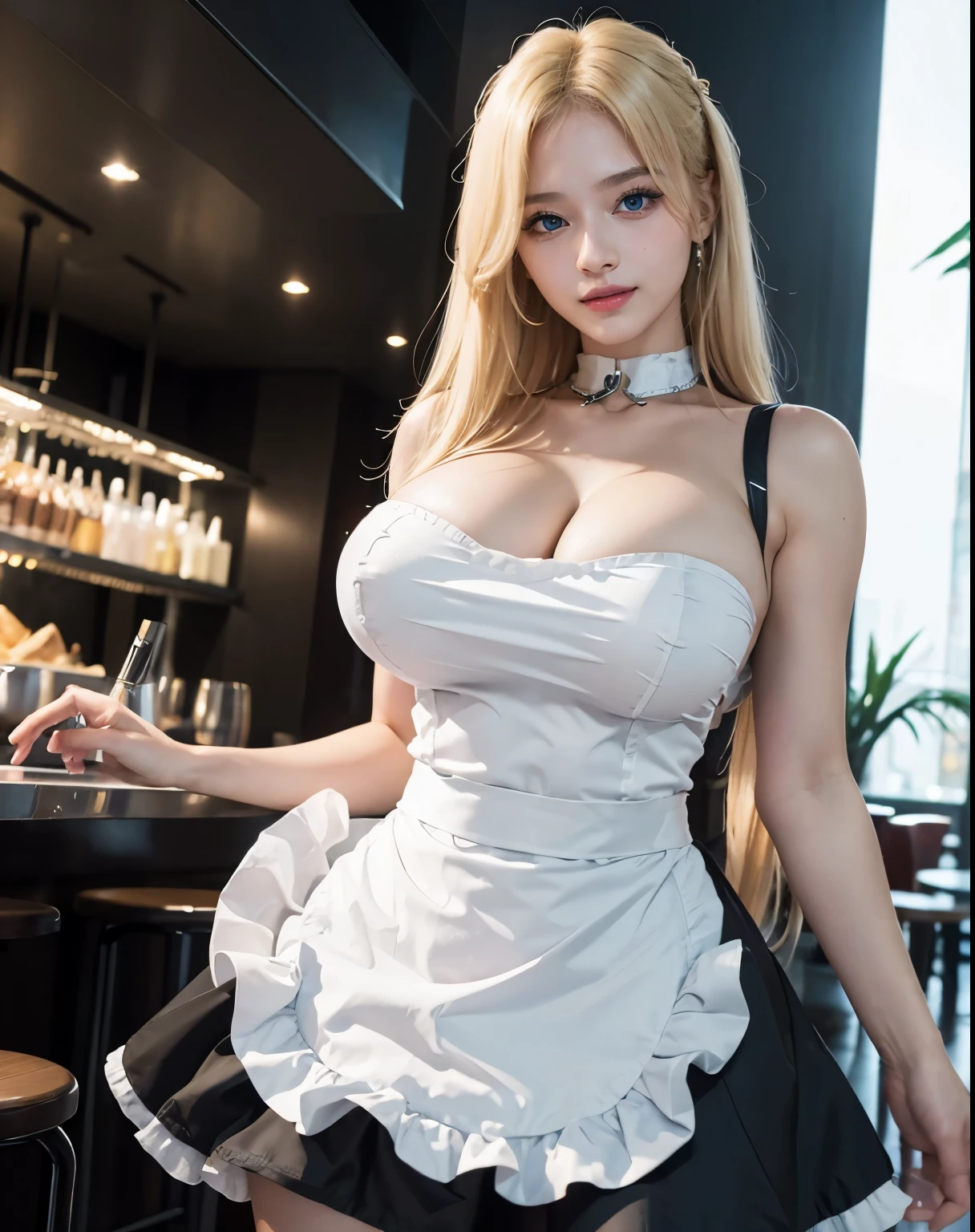 1girl, (Blue Eyes), (smiling :1.2), (Sana Minatozaki), (beautiful makeup :1.2), wide hips, Big tits, big ass, (Best Quality, 8k, Masterpiece: 1.3), Clear Focus: 1.2, Perfect Body Beauty: 1.4, strong abs, Highly detailed face and skin texture, detailed eyes, double eyelids, (blond long hair:1.2), cleavage, (sexy maid outfit), (mini skirt with apron), standing, dynamic pose, fantastic night city, in a cafe
