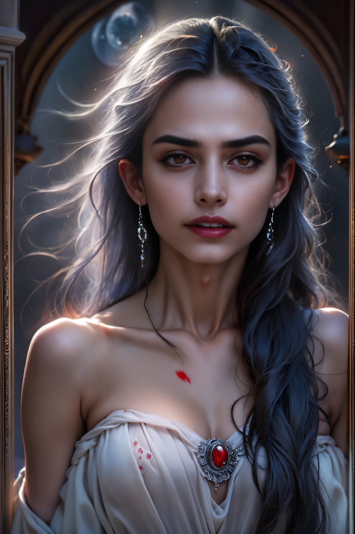 (beautiful detailed red eyes:1.4), long dark eyelashes, pointed fangs, flowing black hair, elegant posture, pale skin, red lips, traditional Arabic dress, mysterious aura, ((moonlit night:1.3)), shadows, delicate jewelry, ancient ruins, intense gaze, hypnotic smile, vampire powers, supernatural strength, centuries-old wisdom, captivating beauty, hauntingly enchanting, alluring darkness, (blood-red moonlight:1.1), eternal youth, seductive charm, hidden secrets. (best quality, ultra-detailed, photorealistic:1.37), gothic, fantasy, dark color palette, dramatic lighting. (NSFW:1.4) beautiful small breasts, (Emma watson:0.3),(Jennifer connelly:0.24), (beautiful nipples:1.5),(She has white skin with visible blue veins:1.4),(Small breasts with beautifully raised areolas:1.5),(flat chest:1.2) (beautiful age nipples:1.5)　　