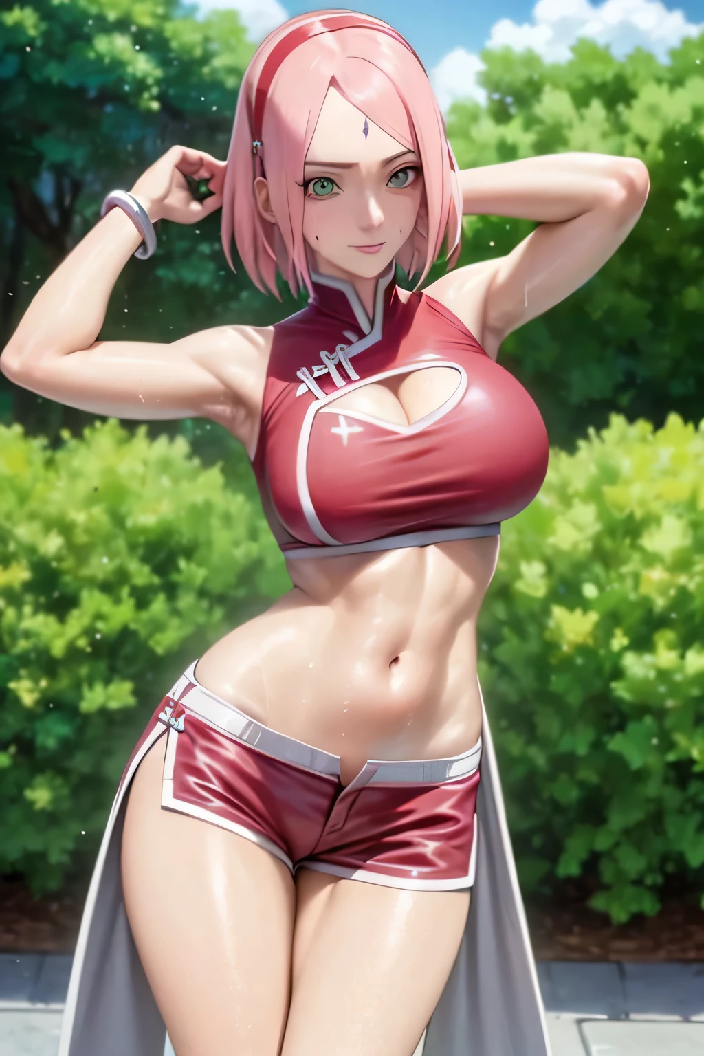 realisticlying， realisticlying，cowboy lens，tmasterpiece，hoang lap，1girll，Sakura Haruno，forehead mark，uchiha crest, red hairband，Red bra，white shorts，nabel，groin，bangle，looking at viewert，ssmile，short hair, SakuraNS，Private garden，ventania，Floating hair，big cleavage breasts，（（Wide buttock））），tonedbody，Detailed eyes，squatt, wet , hairy armpit, sweaty armpit, armpit fold, (((wide hip)))