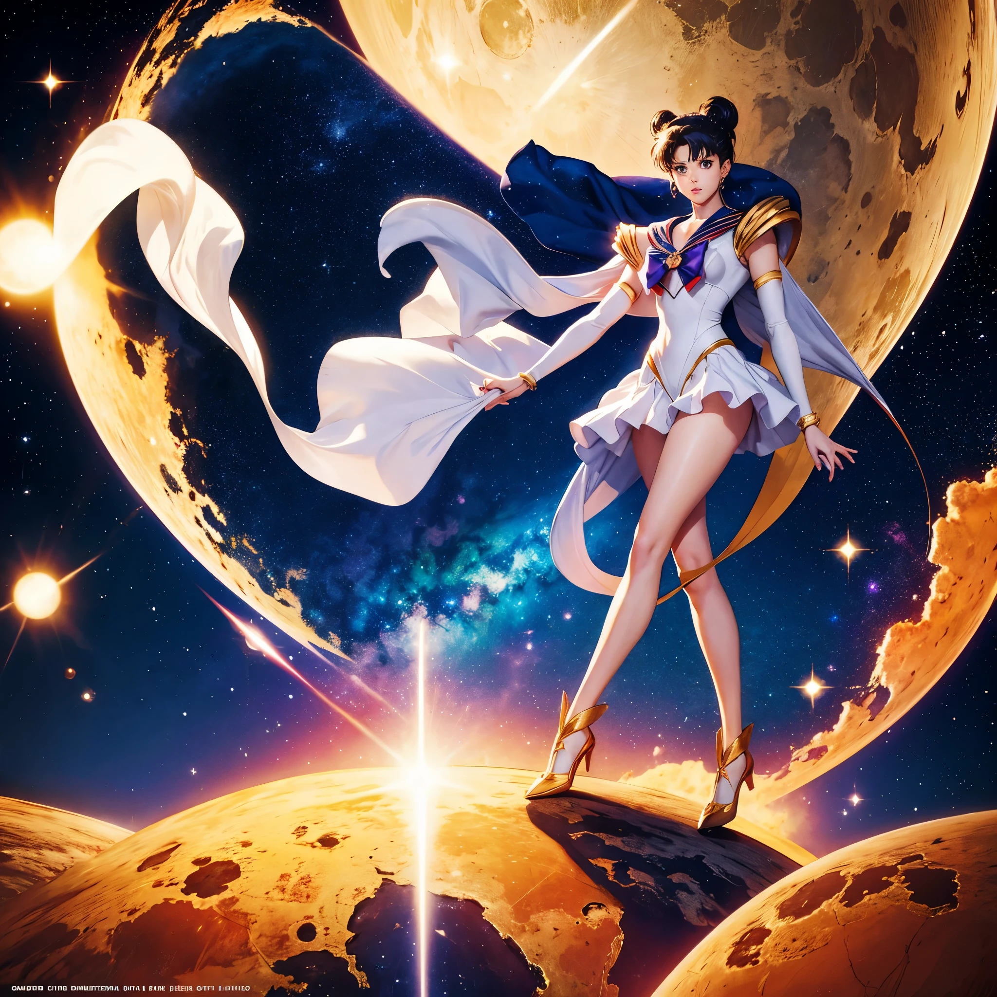 Sailor Moon themed super robot, dramatic pose in space, sailor moon standing on shoulder in space suit