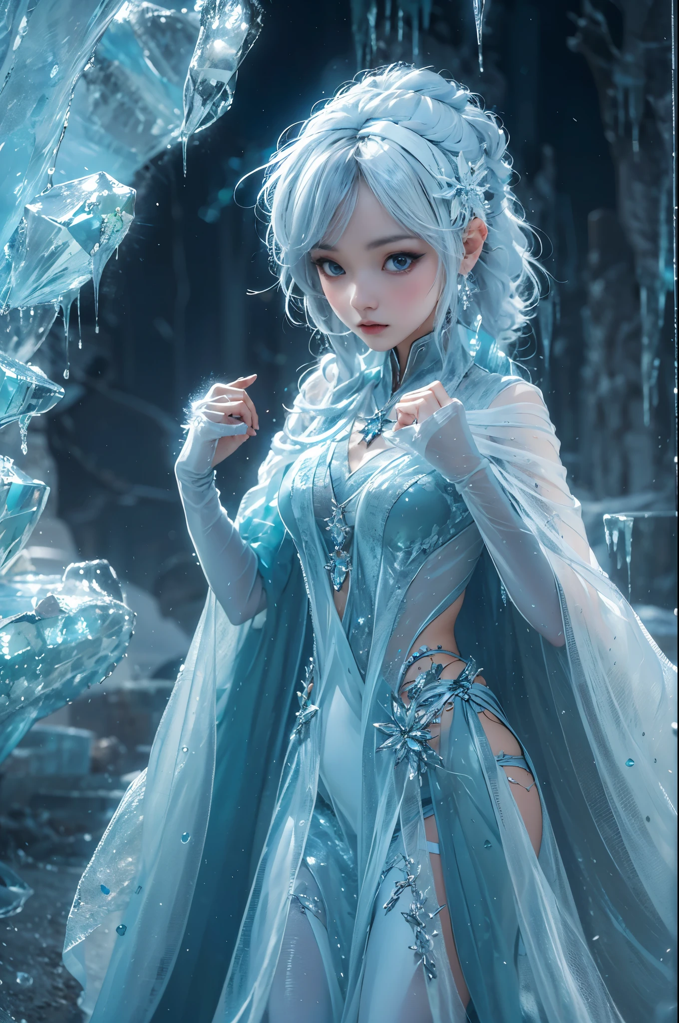 (((1 girl)))，dynamic poses，（skirt made of ice：1.5），ice crystals，frozen fluid，(((icicle)))，Ice mist，Ice particle effects，（Iceberg background：1.2），frozen rock，sitting on frozen rocks，，Amazing results，,best quality,masterpiece,ultra high resolution,detailed，8K resolution,chiaroscuro，NVIDIA RTX