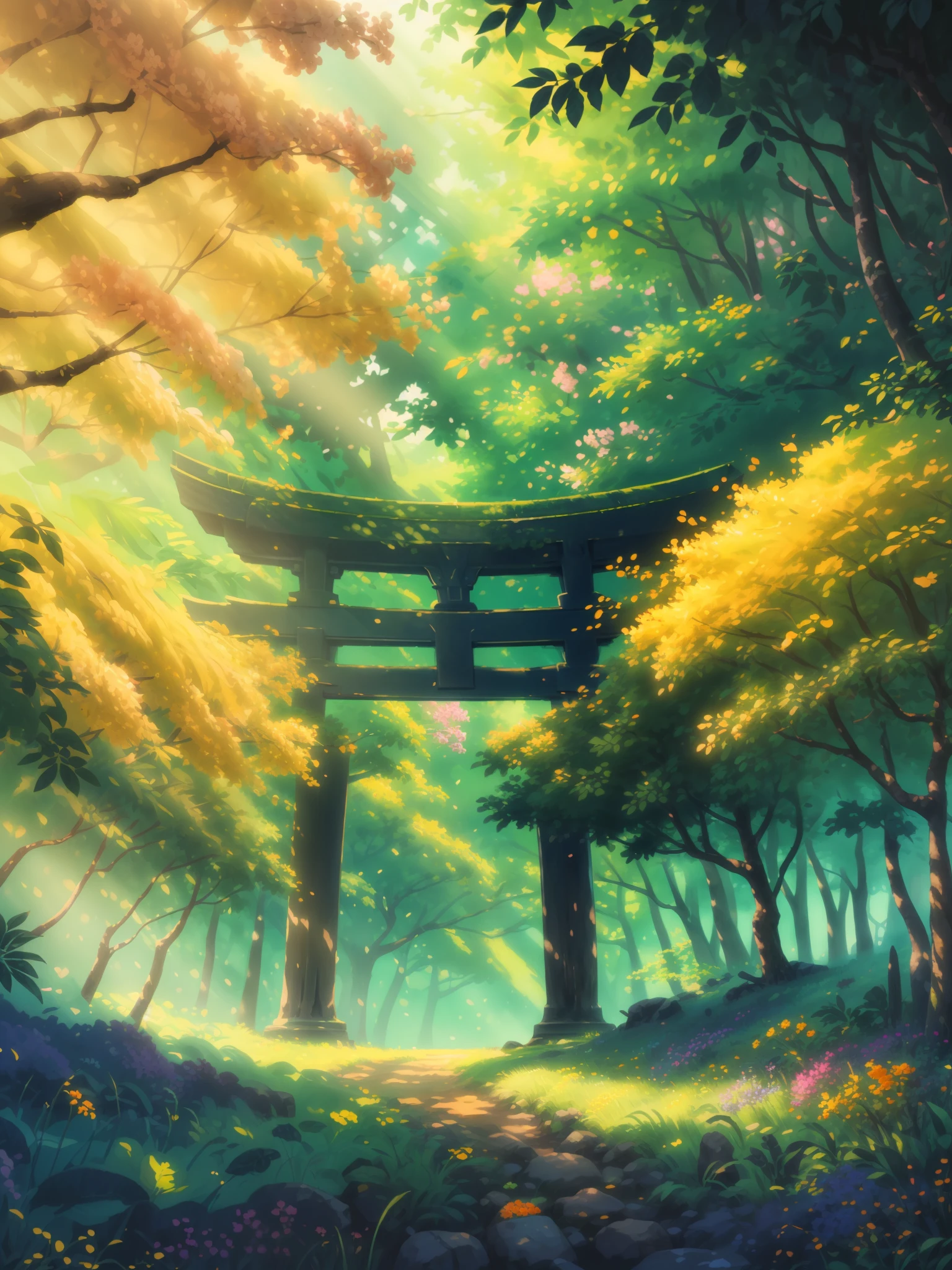 (masterpiece:1), (wide view:1.7),(Torii in the forest:1.8), (nature:1.3), (daytime:1.6), (yellow and orange trees:1.65), silence, (spring season:1.5), (sunlight coming through trees:1.5), (tropical leafy plants:1.7), (bright light:1.5), magnificent sky, (volumetric light:1.2), peaceful, (mystical:1.4), (covered with yellow Bougainville flowers:1.5),(dim light:1.3), (calmness:1.3), (vibrant colors:1.5), (scenery:1.4), (beautiful aesthetics:1.2), (landscape:1.5), (long grass:1.4) beautiful tones, subtle colors, peaceful, (illustration: 1.0), epic composition, realistic lighting, (no human:1.6), HD details, masterpiece, best quality, ,