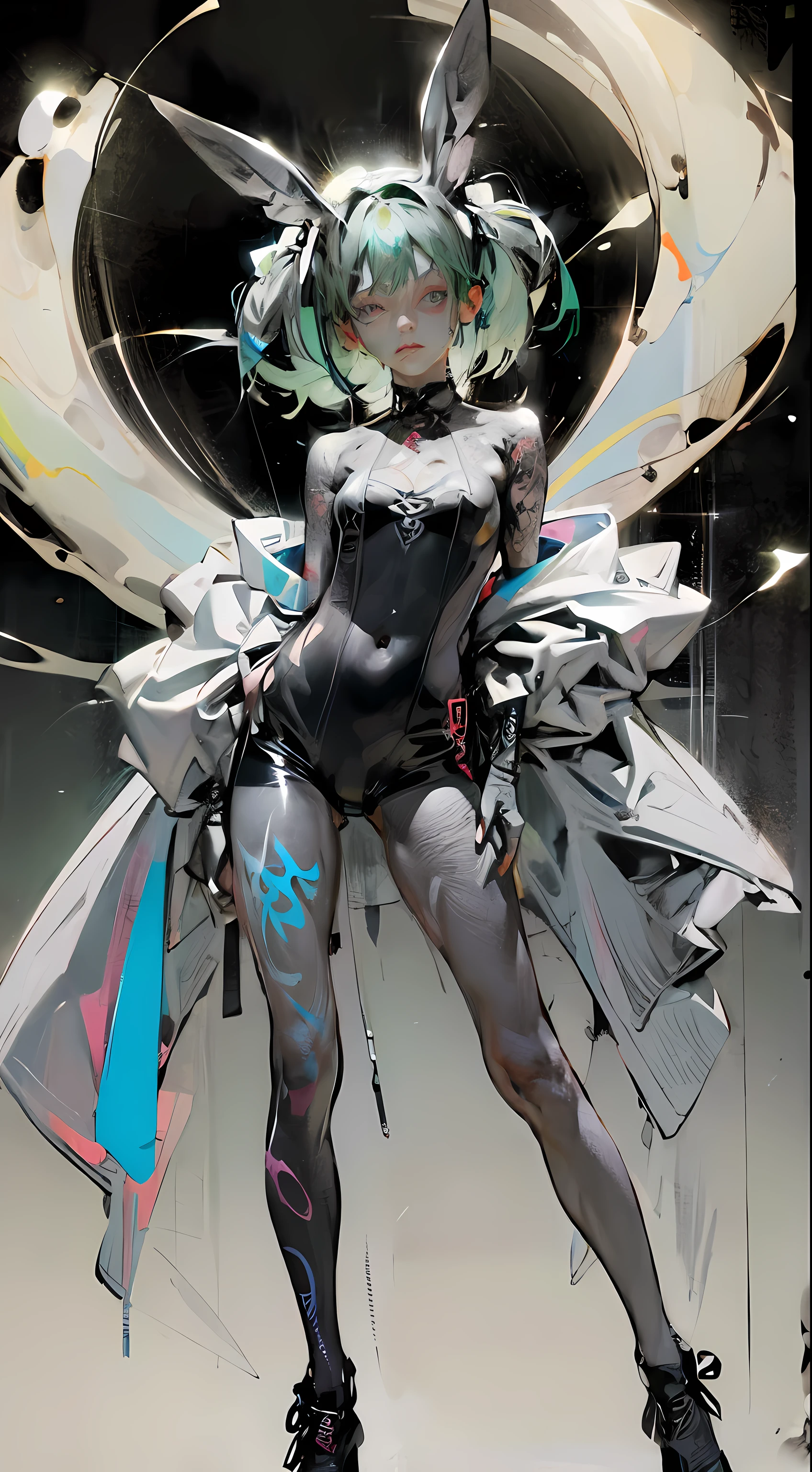 Rabbit technique , sci-fy, Fluffy ,
1girll, Tattoos, Glowing tattoos, Glowing eyes, Colorful glowing hair , full bodyesbian, Green hair,
kawaiitech, Pastel colors, kawaii, cutecolors,