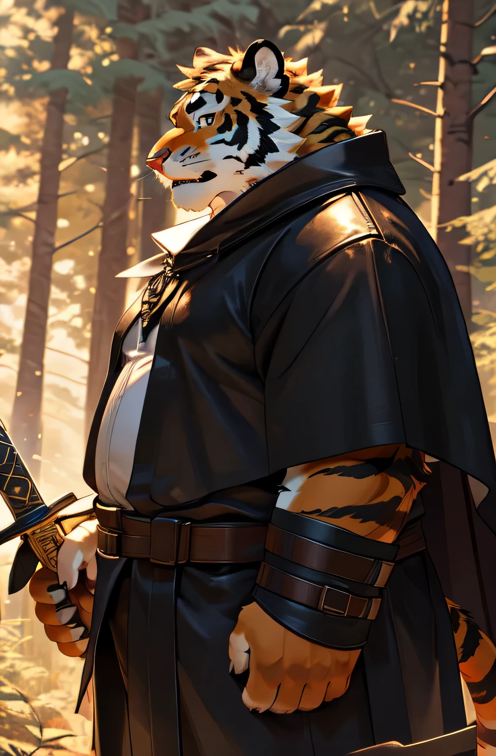 (tiger, orange fur, overweight, white long shirt, bracers, in the forest, leather cape, chubby, lone warrior, full body shot, best quality, high resolution 4k, masterpiece:1.2, master, hand on sword hilt, dusk)