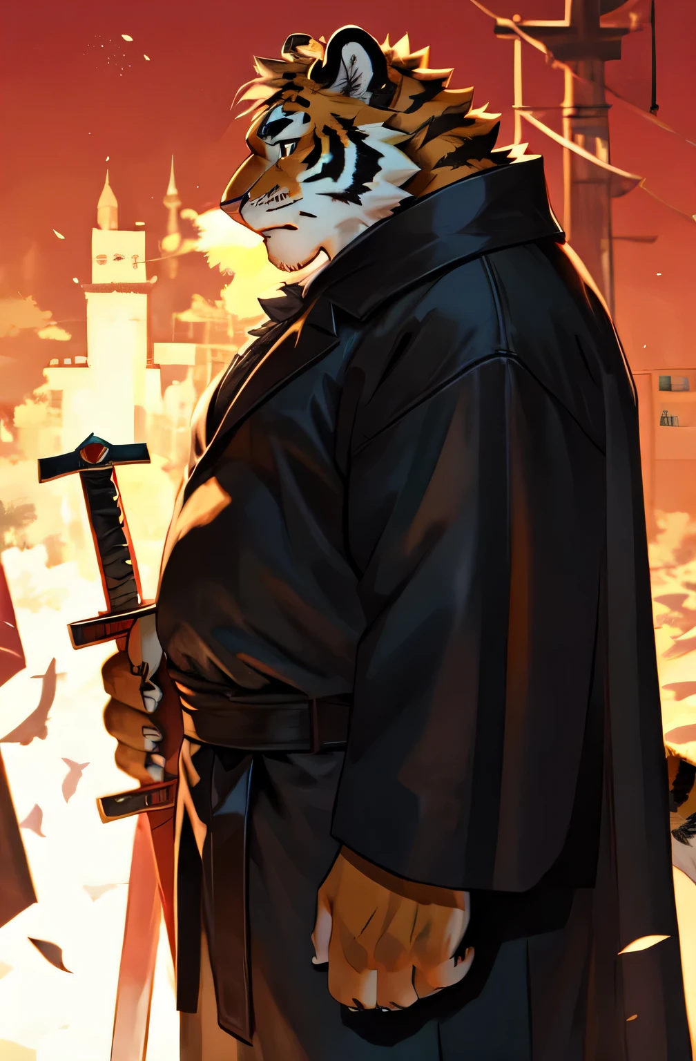 tiger，，overweight，long gown，cuff，The two swords are on the right side of the waist，in the woods，Dusk background，Leather cape。