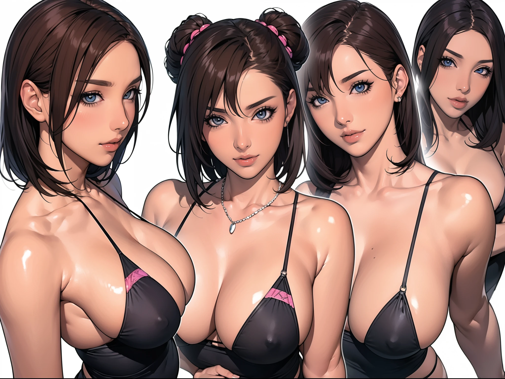 ((masterpiece)),(((best quality))),((character design sheet)), ((full body view)) illustration,1girl, thick thighs, ((detailed face:1.4)) Just the right kind of -yeld jaese sunburn pregnant kuro Gyaru pregnant for promiscuous sex friend, rough sketches, between breasts,big breasts,wearing an short apron without any clothes on and necklace,hair accessories,seductive grin smug,solid color backdrop, clean backdrop,