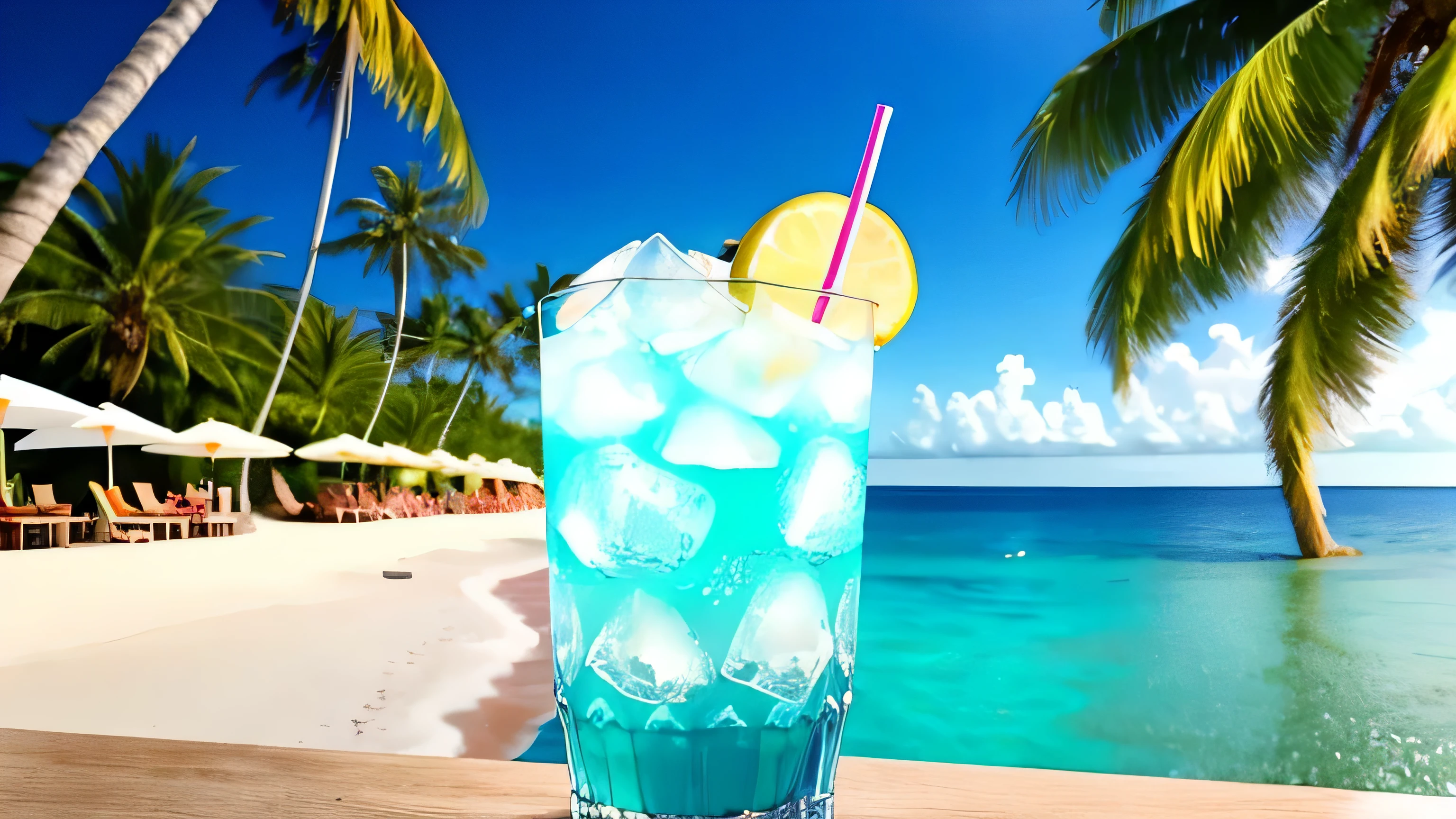 Seaside resorts, sandy beach, pleasant cozy atmosphere, near the beach, great masterpiece, cozy atmosphere, beautiful environment, outdoor environment, summer, summer morning, cozy environment, Cold glass full of iced carbonated drink on the table, Cocktail, fruits, bright midday sun, sea view in the distance, Palm groves and coconut groves in the distance, resort small house, ice cube, (Cute desserts: 0.4) dripping. It's full of carbonated drinks, translucent liquid, Daytime outdoor lighting (Beach1.5), tropical plants, hot weather, HD detailed, Wet watermark, hyper detail, 2k, 4k, 8K, movie, surrealism, soft light, Spread (ultra-fine glass reflection), and surrealism.