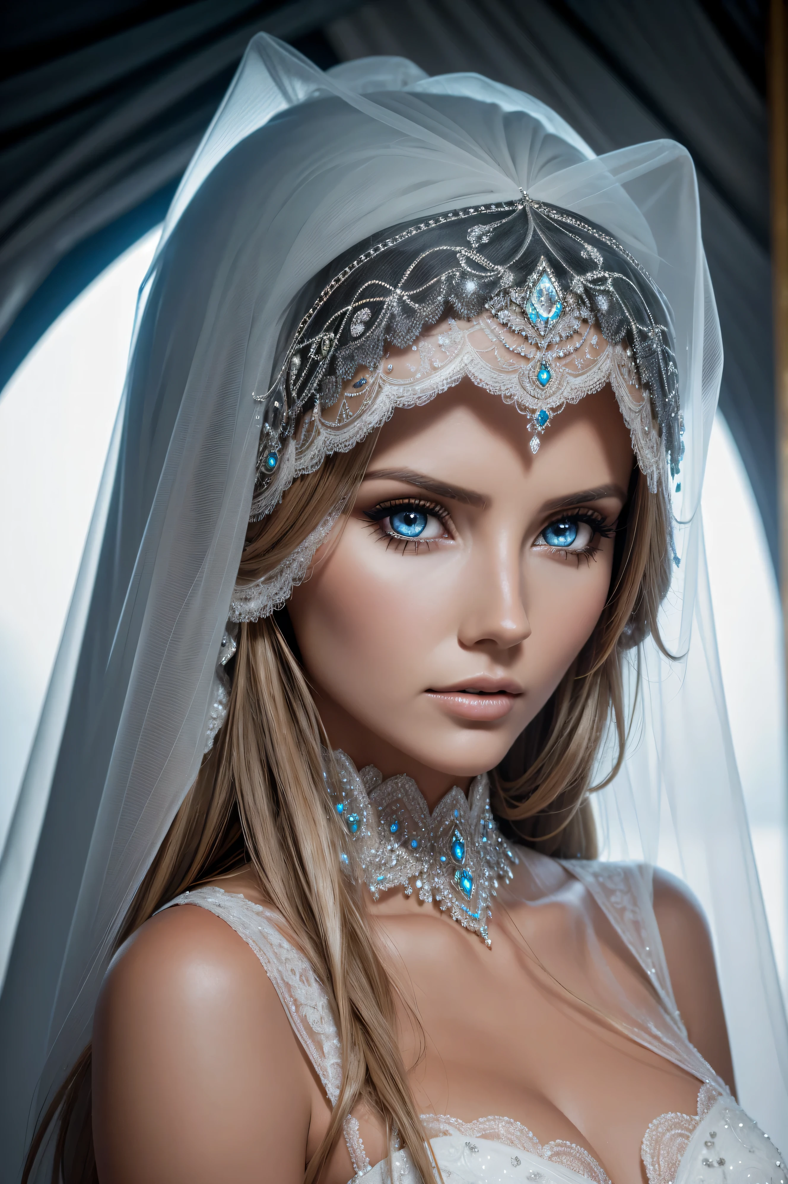 Audrina Patridge, wearing veil bride costume transparent. professionally retouched, soft lighting, realistic, smooth face, perfect eyes, sharp focus on eyes, 8 k, high definition, insanely detailed, intricate, elegant. against the background of Mount Everest.