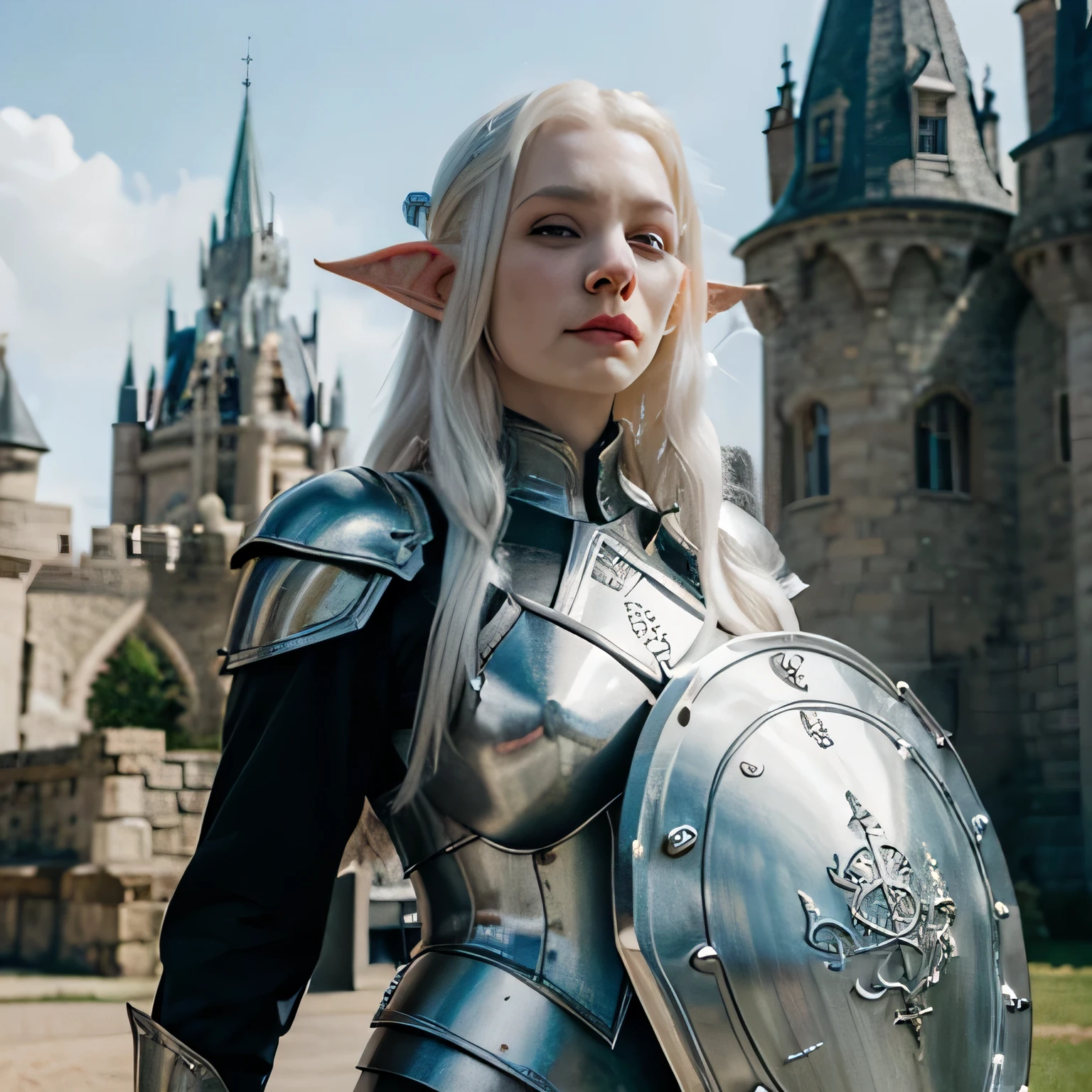 Albino, pale, white skin, elf, grey hair, midevil, woman, noble, armored, full, plate armor, shield, shadar-kai, (albino), pale, castle background