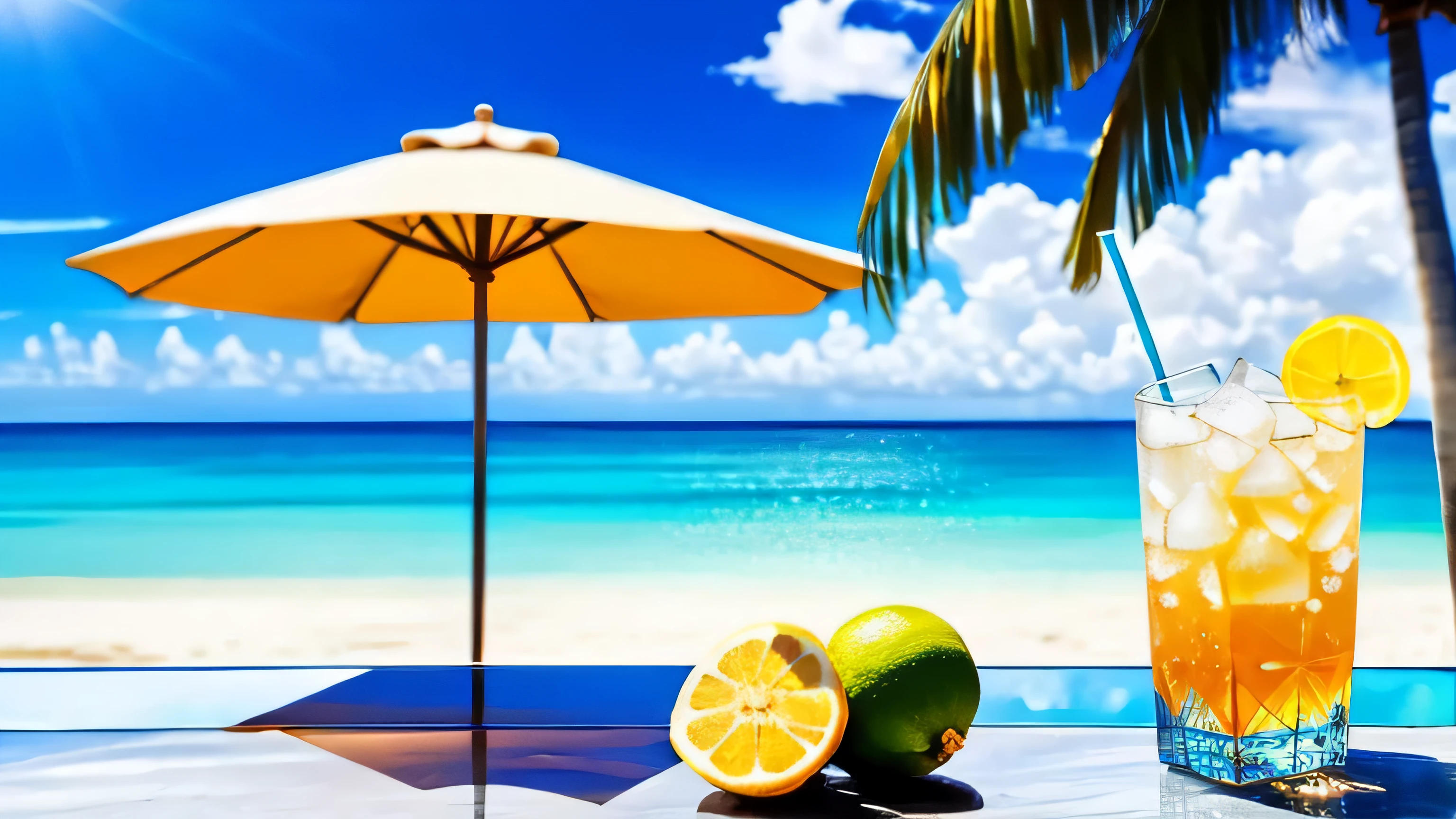 Seaside resorts, sandy beach, pleasant cozy atmosphere, near the beach, great masterpiece, cozy atmosphere, beautiful environment, outdoor environment, summer, summer morning, cozy environment, Cold glass full of iced carbonated drink on the table, Cocktail, fruits, bright midday sun, sea view in the distance, Palm groves and coconut groves in the distance, resort small house, ice cube, (Cute desserts: 0.4) dripping. It&#39;s full of carbonated drinks, translucent liquid, Daytime outdoor lighting (Beach1.5), tropical plants, hot weather, HD detailed, Wet watermark, hyper detail, 2k, 4k, 8K, movie, surrealism, soft light, Spread (ultra-fine glass reflection), and surrealism.