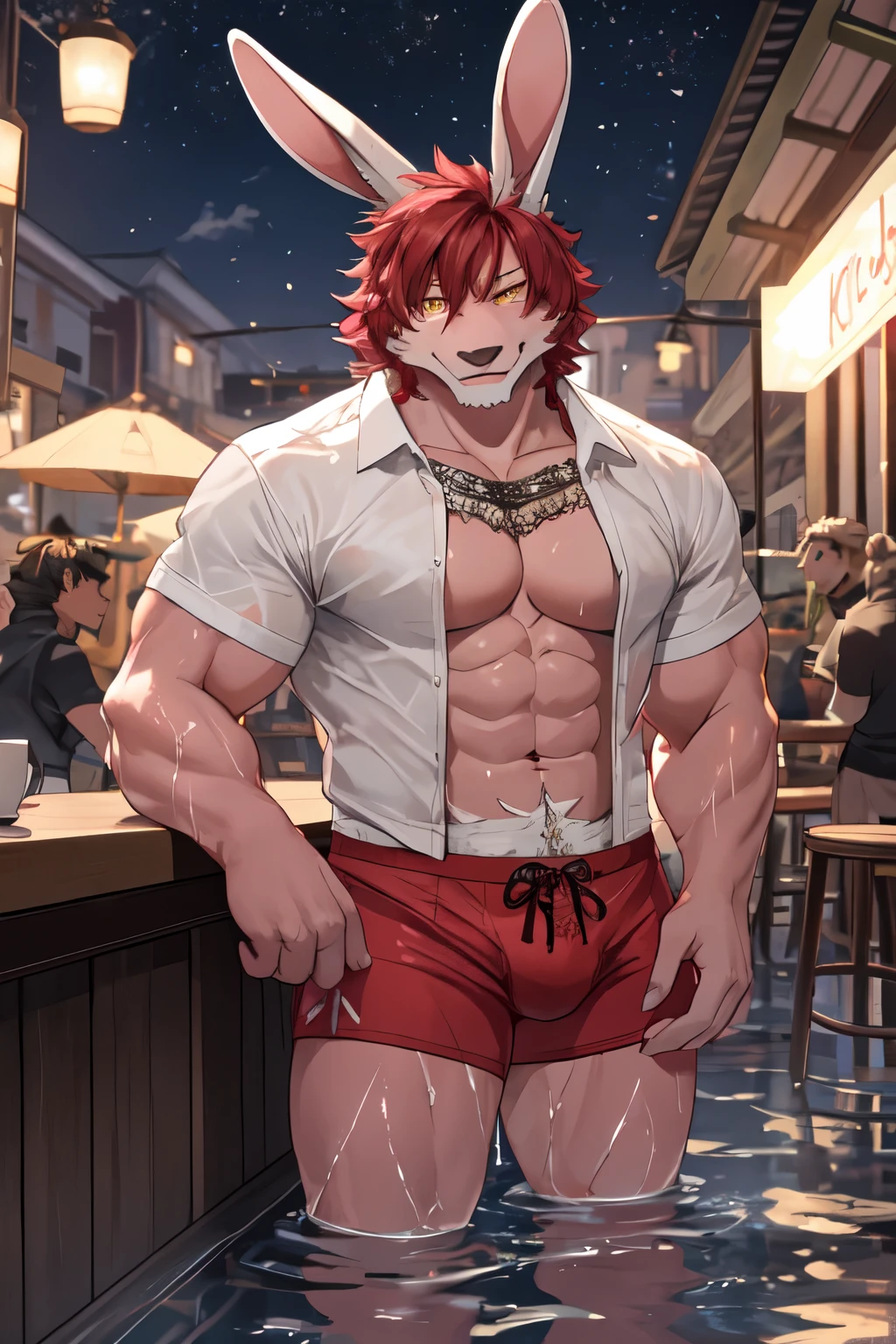 ((best quality)), ((masterpiece)), (detailed), perfect face, bara furry, rabbit man, big body, pink skin, short jackson wang red hair, yellow eyes, perfect eyes, long rabbit ears, wet body, handsome, at cafe, night background, opened shirt, red underwear
