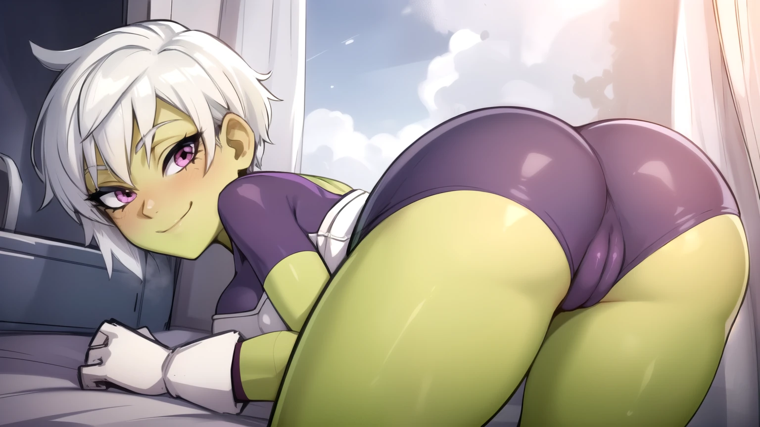 RAW photo, (high detailed skin, detailed eyes:1.1), intricate details, best quality, 8k uhd, soft lighting, 1girl, solo, smile, Cheelai, white hair, purple eyes, green skin, bodysuit, white armor, belt, white gloves, Big ass, Big Breasts, showing ass, pov, Short and small shorts, tight shorts 