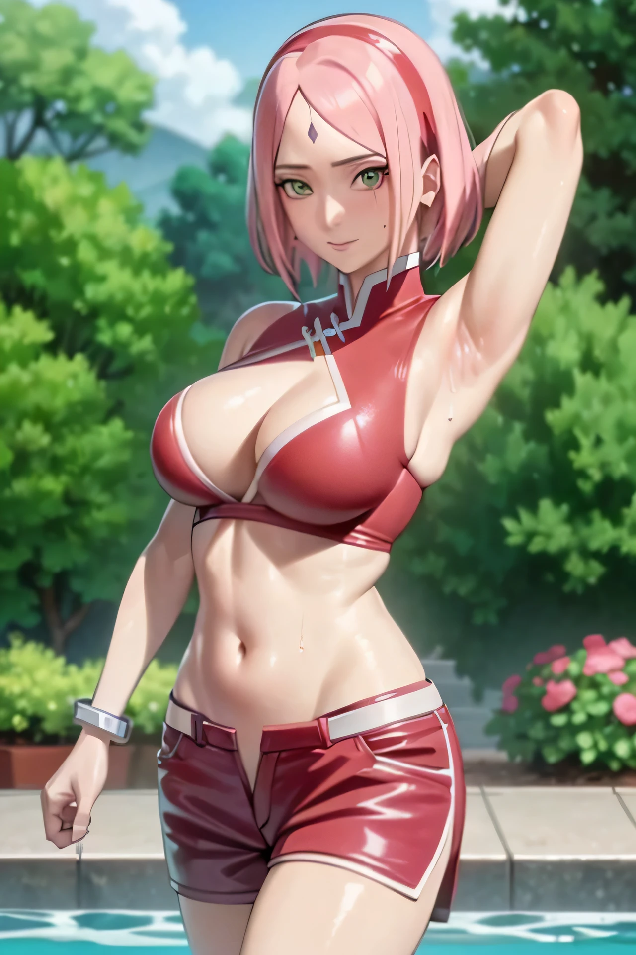 realisticlying, realisticlying,cowboy lens,tmasterpiece,hoang lap,1girll,Sakura Haruno,forehead mark,uchiha crest, red hairband,Red bra,white shorts,nabel,groin,bangle,looking at viewert,ssmile,short hair, SakuraNS,Private garden,ventania,Floating hair,big cleavage breasts,((Wide buttock))),tonedbody,Detailed eyes,squatt, wet , hairy armpit, sweaty armpit, armpit fold, (((wide hip)))