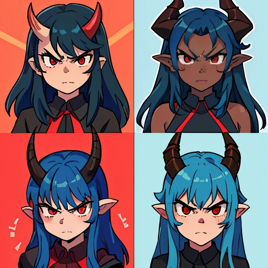 1 cute girl，9 grid，9 poses and expressions，Disney style，Black strokes，Different emotions，8K, dark skinned, blue hair, horns, red eyes, ((angry)),((black demon horns)), ((dark skinned)), 