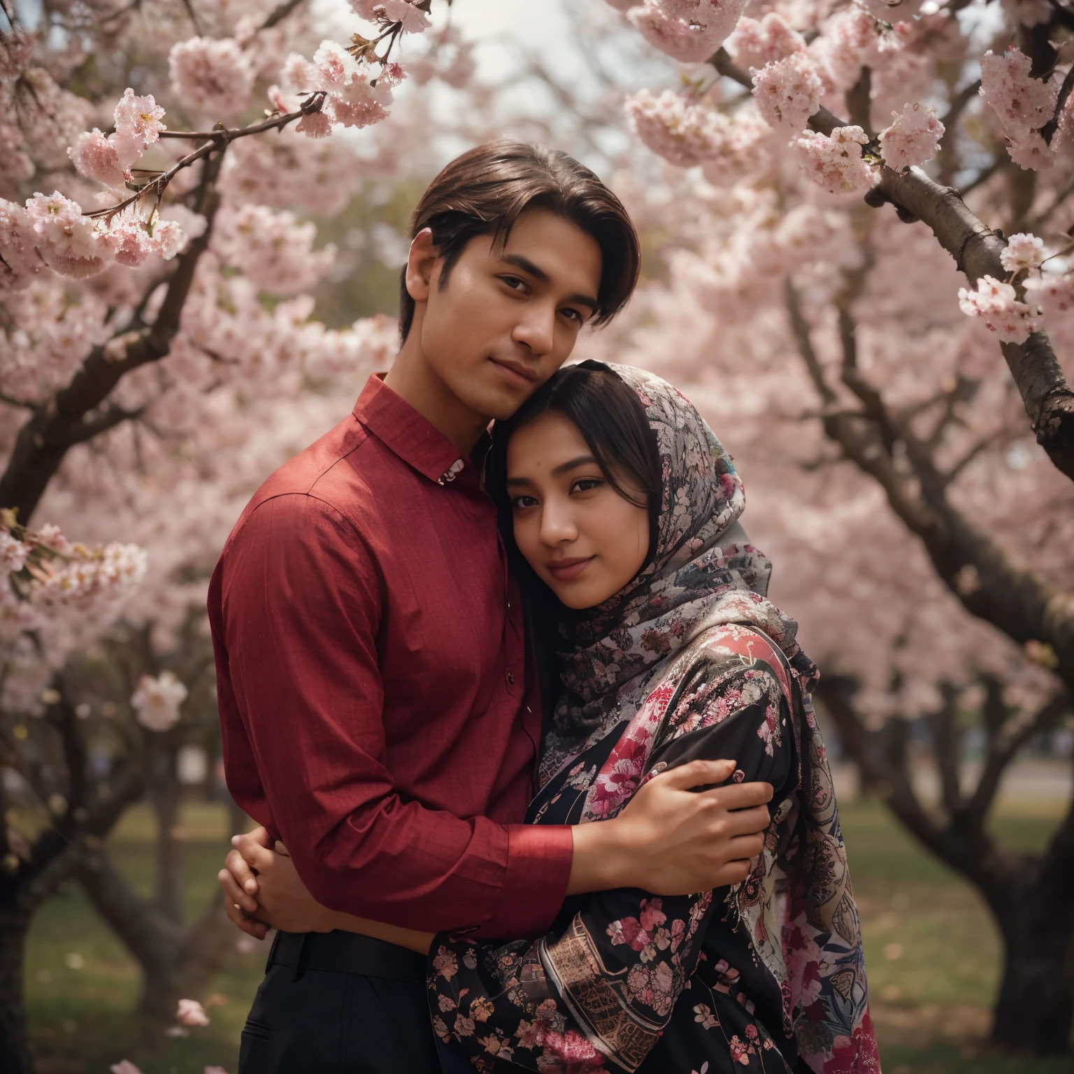 Cinematic photography A man and woman with Indonesian-Pakistani faces are hugging under a cherry tree. The man wore a red long-sleeved shirt and black trousers while the woman wore a patterned hijab. They both look very happy. In the background there are cherry trees in bloom. Cherry blossom petals are pink and white. The atmosphere around them was very romantic. award-winning photography, supermodel, masterpiece, eye level, Kodak Funsaver, Porta 160, 20mm, bokeh, warm hue, warm tone, textured, distressed, vintage, edgy, noisy, high contrast