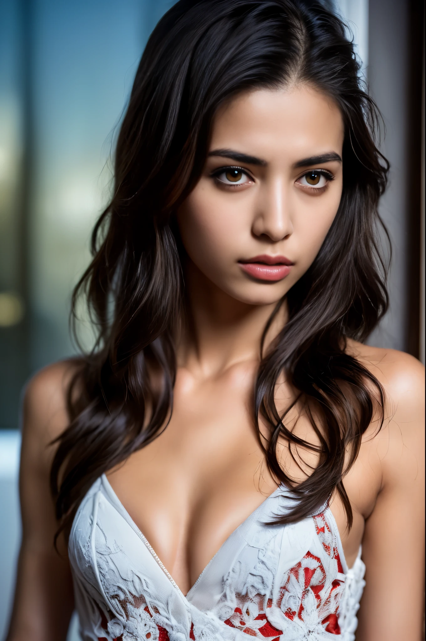(beautiful detailed red eyes:1.4), long dark eyelashes, pointed fangs, flowing black hair, elegant posture, pale skin, red lips, traditional Arabic dress, mysterious aura, ((moonlit night:1.3)), shadows, delicate jewelry, ancient ruins, intense gaze, hypnotic smile, vampire powers, supernatural strength, centuries-old wisdom, captivating beauty, hauntingly enchanting, alluring darkness, (blood-red moonlight:1.1), eternal youth, seductive charm, hidden secrets. (best quality, ultra-detailed, photorealistic:1.37), gothic, fantasy, dark color palette, dramatic lighting. (NSFW:1.4) beautiful small breasts, (Emma watson:0.3),(Jennifer connelly:0.24), (beautiful nipples:1.5),(She has white skin with visible blue veins:1.4),(Small breasts with beautifully raised areolas:1.5),(flat chest:1.2) (beautiful age nipples:1.5)　　