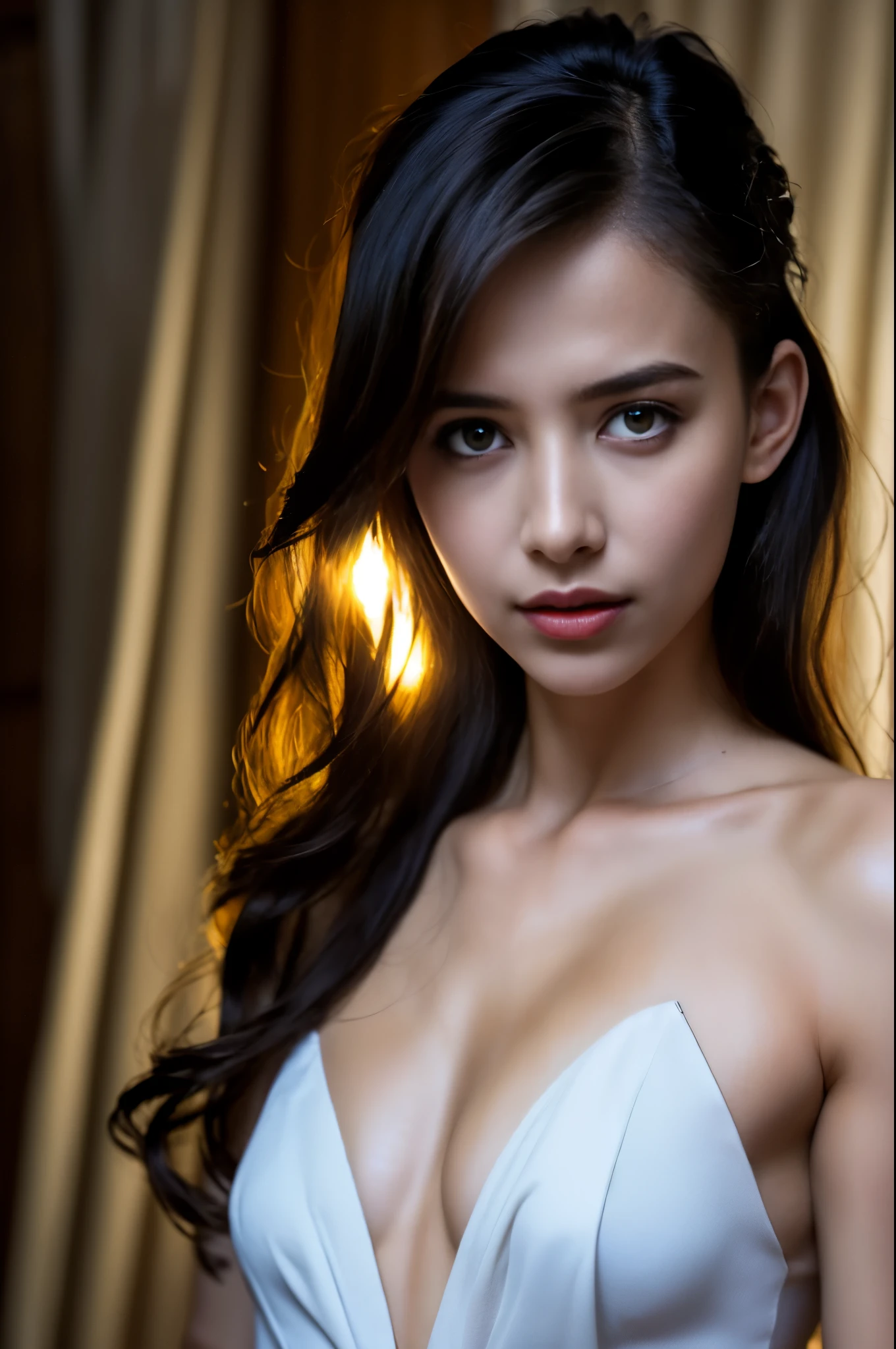 (beautiful detailed red eyes:1.4), long dark eyelashes, pointed fangs, flowing black hair, elegant posture, pale skin, red lips, traditional Arabic dress, mysterious aura, ((moonlit night:1.3)), shadows, delicate jewelry, ancient ruins, intense gaze, hypnotic smile, vampire powers, supernatural strength, centuries-old wisdom, captivating beauty, hauntingly enchanting, alluring darkness, (blood-red moonlight:1.1), eternal youth, seductive charm, hidden secrets. (best quality, ultra-detailed, photorealistic:1.37), gothic, fantasy, dark color palette, dramatic lighting. (NSFW:1.4) beautiful small breasts, (Emma watson:0.3),(Jennifer connelly:0.24), (beautiful nipples:1.5),(She has white skin with visible blue veins:1.4),(Small breasts with beautifully raised areolas:1.5),(flat chest:1.2) (beautiful age nipples:1.5)