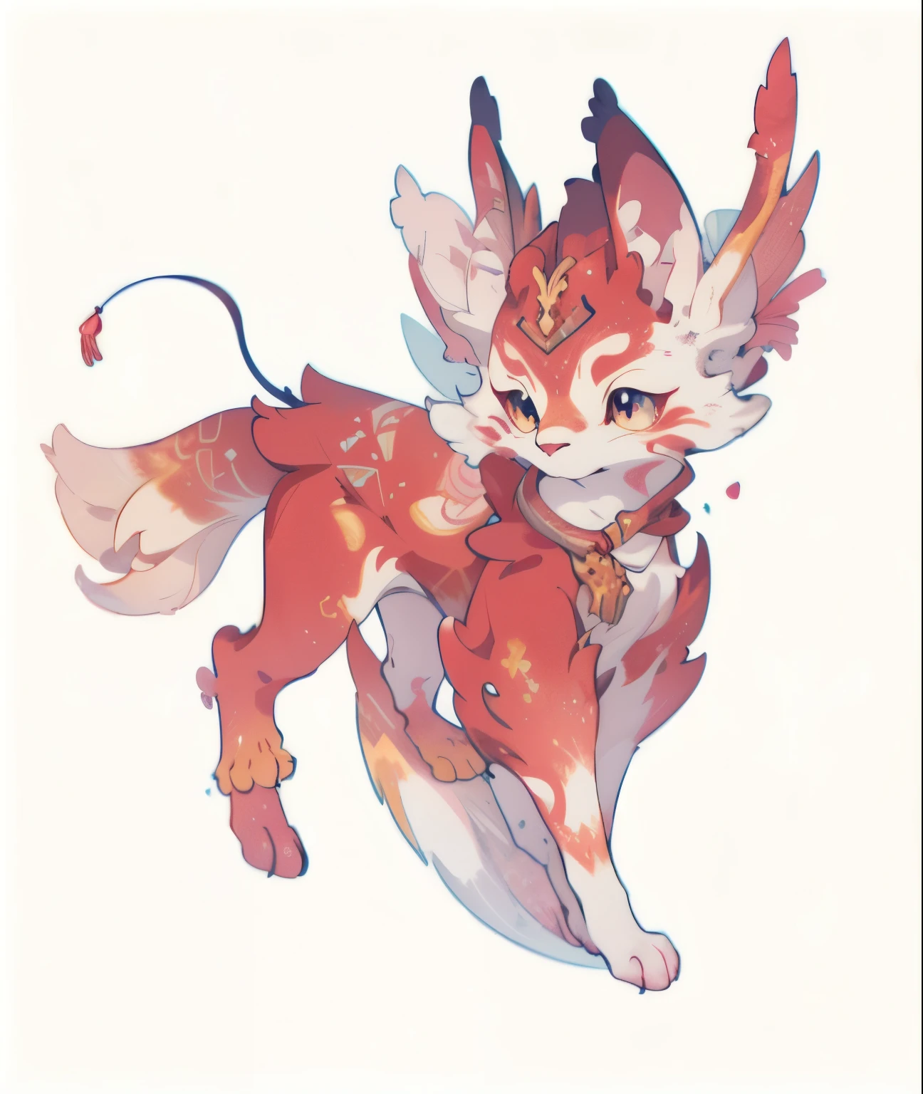depth of field,lighting perfect,light particles,(best quality),(masterpiece),(Super detailed),sharp focus。Lovely style art, fantasy style art, Lovely,Close-up of a red and white cartoon cat, avian!!! Ferson, Ethereal Fox, Soft and delicate dragon-like characteristics, Ferson art, Hibiscus, fire type, ((Intricate colorful pattern)),Ferson!!!!, gorgeous werefox Ferson, three-tailed fox, Available roles, Can be used all over the body, Super tail, furaffinity Ferson