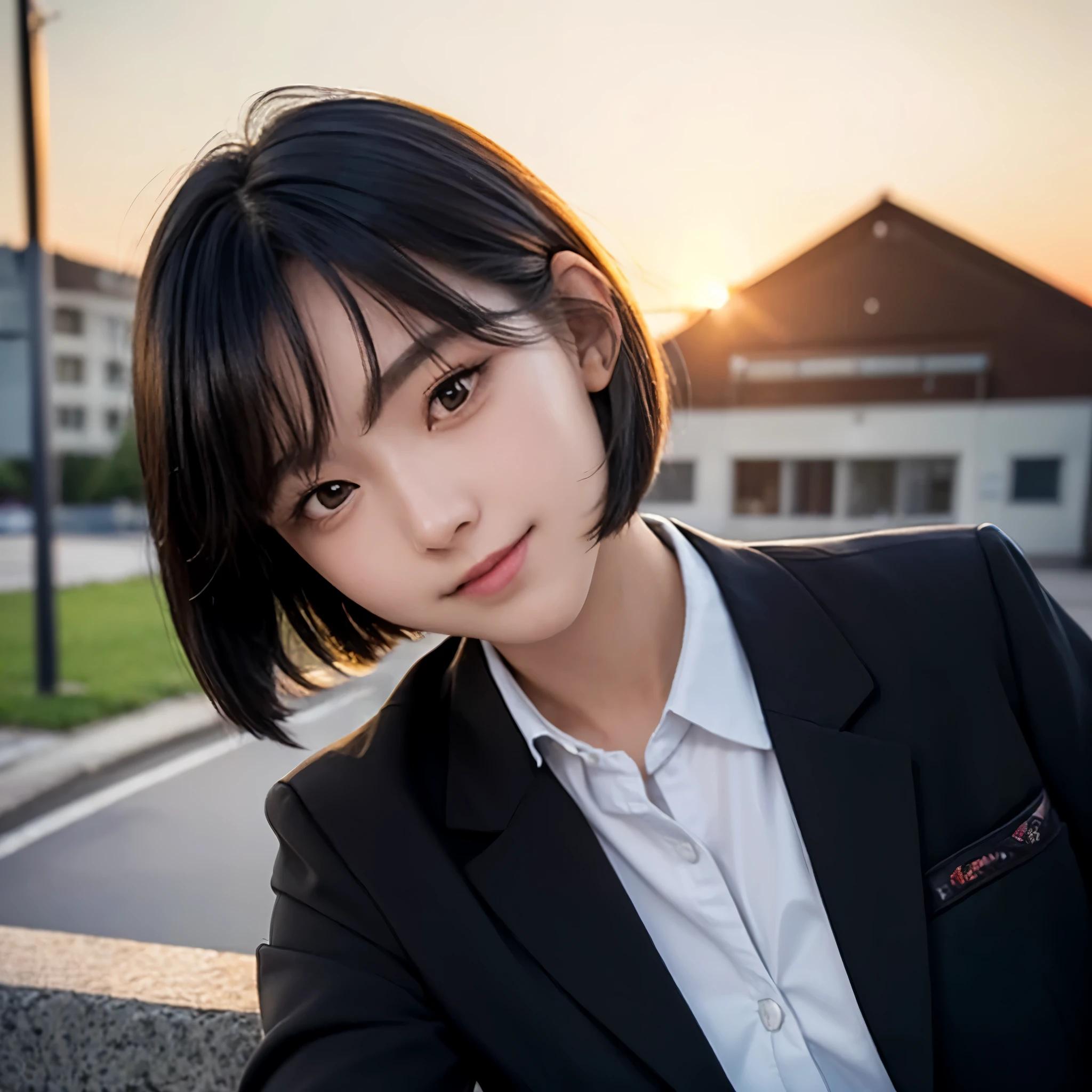 (top-quality,8K picture quality,masterpiece:1.3),(超A high resolution,Photorealsitic:1.4,Raw photography),(ultra-detailliert,Caustics,Detailed background),(Ultra-realistic capture,Beautifully detailed skin,perfect anatomia),at the sunset,Sunset sky,school buildings,school ground,18year old,kawaii,Single eyelid,Black hair short bob,School Blazer Uniform,Looking at the camera,A smile,Bust-up shot,natural soft light