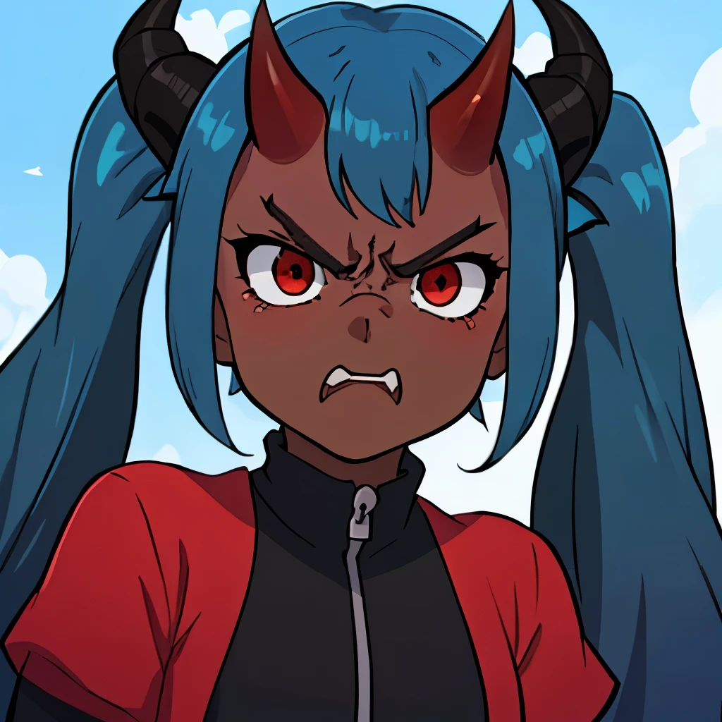 1 cute girl，Disney style，Black strokes，Different emotions，8K, dark skinned, blue hair, horns, red eyes, ((angry)),((black demon horns)), ((dark skinned)),  twin tails