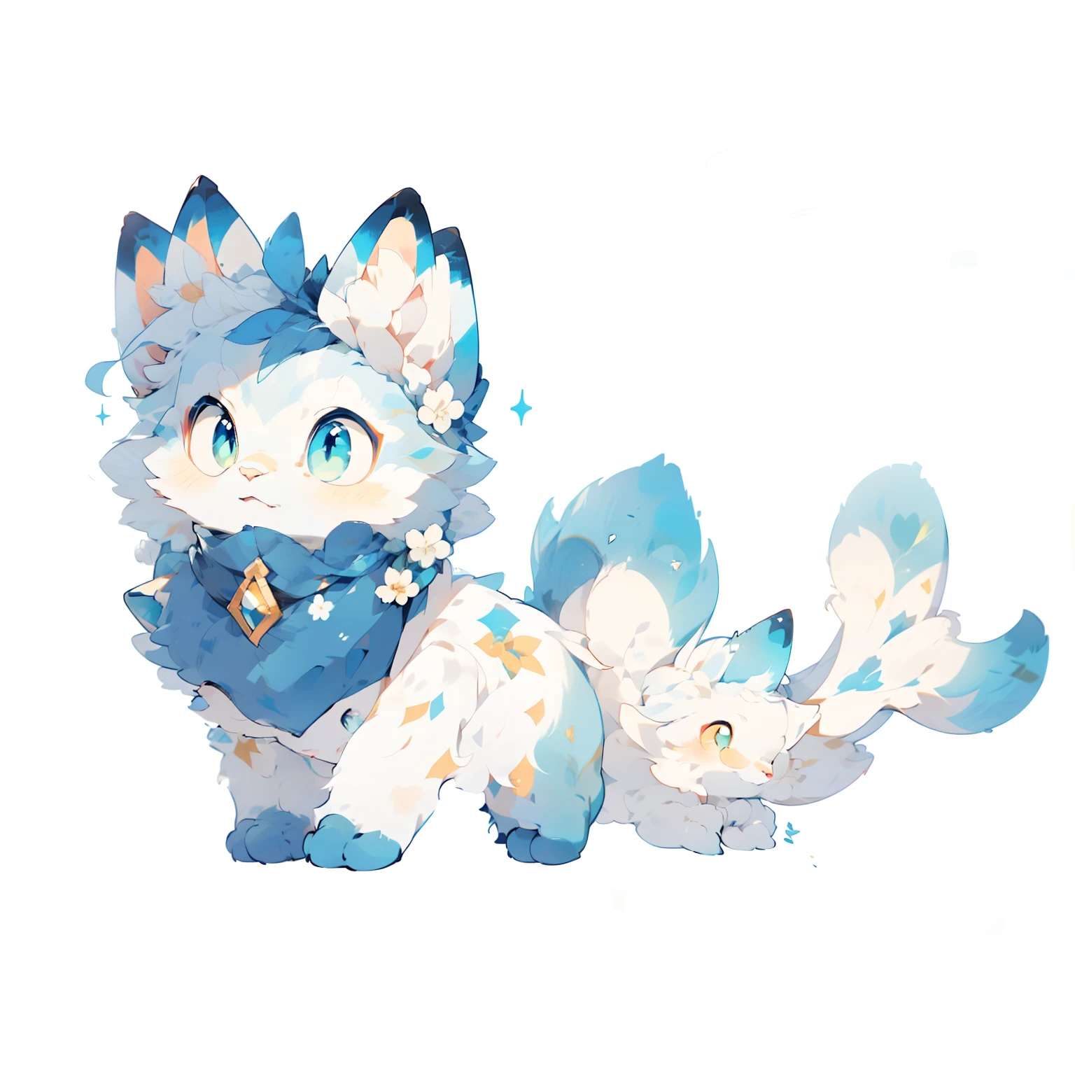 A blue and white cartoon rabbit, ice princess,（（Little blue fluffy female white rabbit））, 4 ears, 2 extra ears, big ear, long ears, Ears prick up, prick up your ears, long eyelashes, fluffy兔子尾巴, complex pattern，Seahorse Fursona, animal art, Hibiscus, low resolution, Furan Affinity Committee, animal committee, Elf art style, Cute Pokemon style, new pokemon, Fursona Furry Arts Council, high resolution committee, fluffy!!!