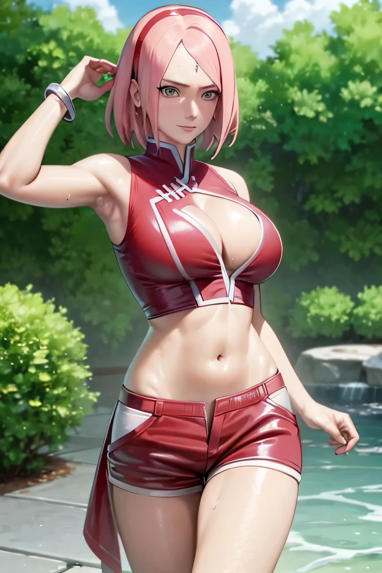 realisticlying, realisticlying,cowboy lens,tmasterpiece,hoang lap,1girll,Sakura Haruno,forehead mark,uchiha crest, red hairband,Red bra,white shorts,nabel,groin,bangle,looking at viewert,ssmile,short hair, SakuraNS,Private garden,ventania,Floating hair,big cleavage breasts,((Wide buttock))),tonedbody,Detailed eyes,squatt, wet , hairy armpit, sweaty armpit, armpit fold, (((wide hip)))
