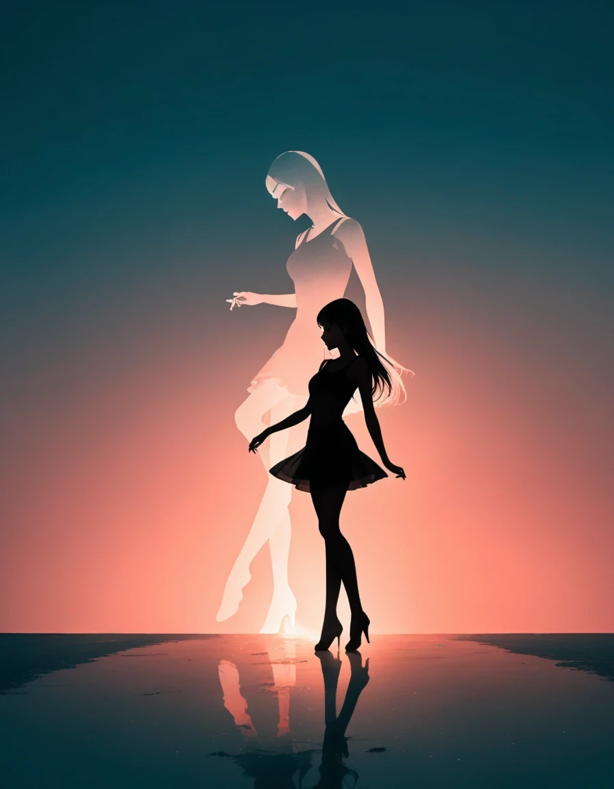 Beautiful dancer&#39;s slender shadow on the ground，double exposure