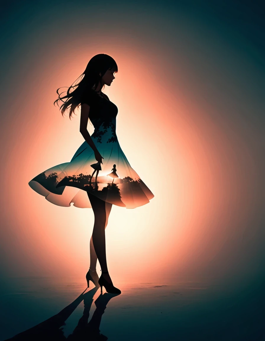 Beautiful dancer&#39;s slender shadow on the ground，double exposure