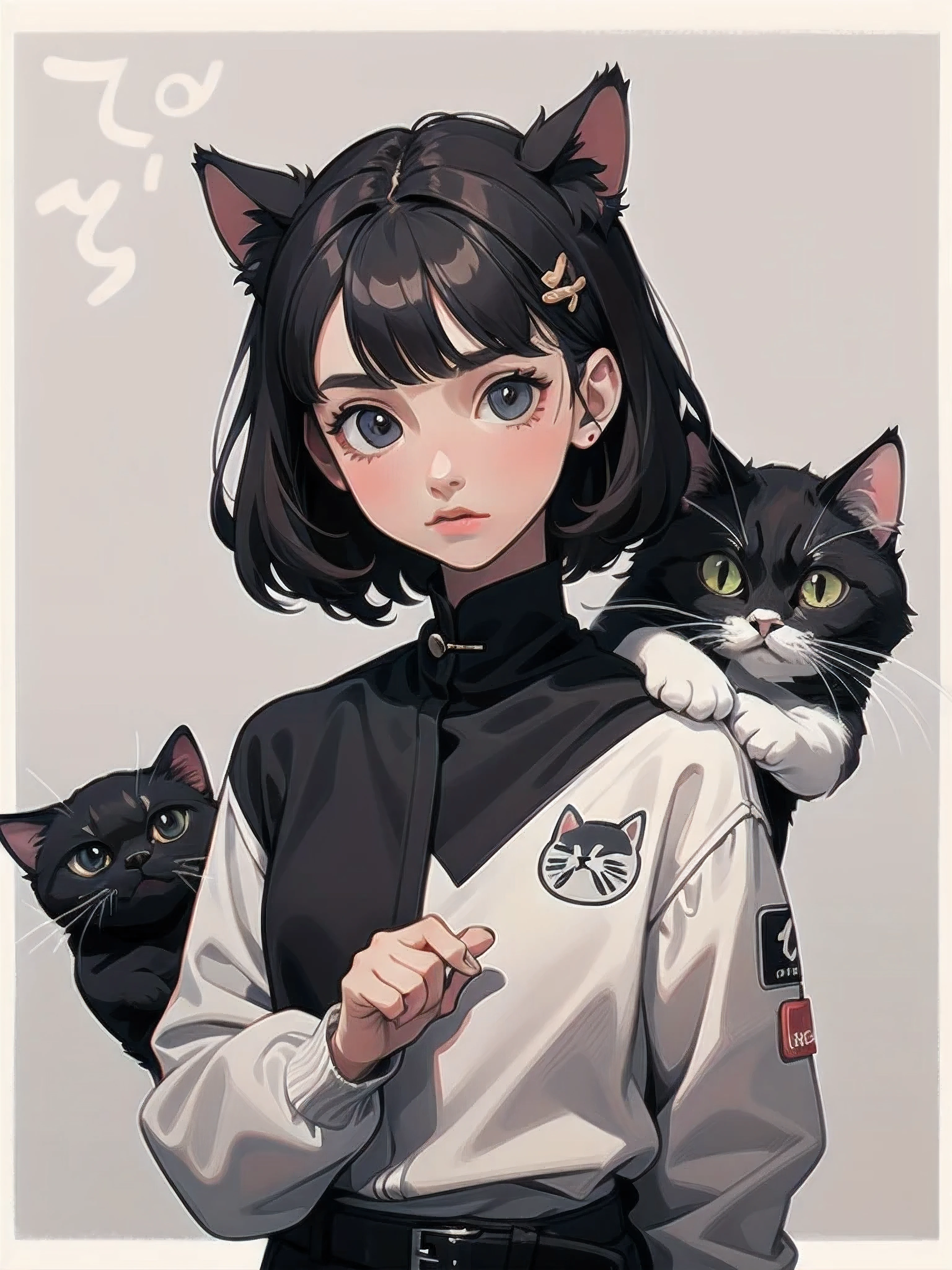 girl 19 years old and cute cat, sticker style, white border, gray background