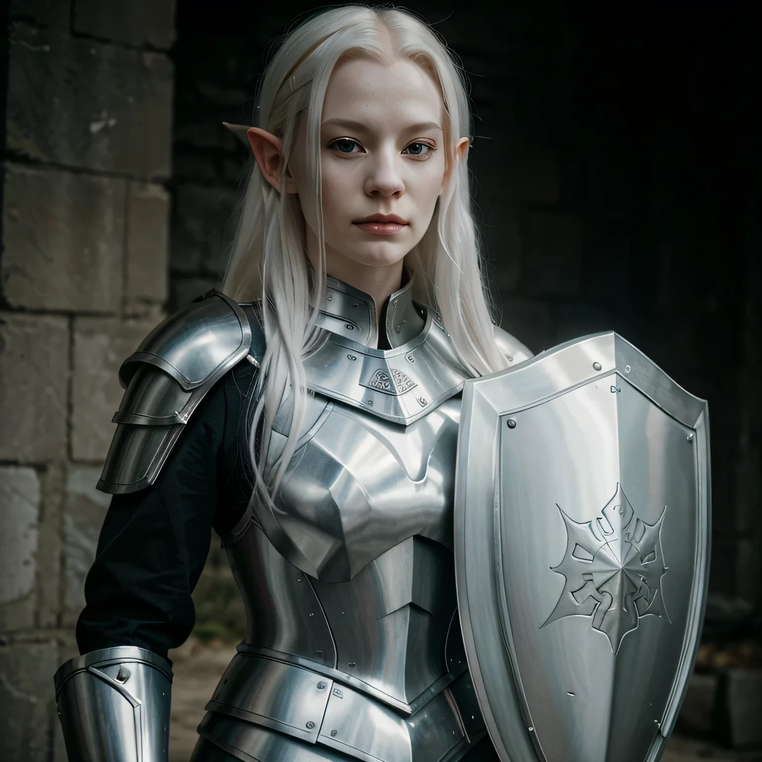 Albino, pale, elf, grey hair, midevil, woman, noble, armored, full, plate armor, shield, shadar-kai, ((albino)), white skin, holding spear, albino, armor