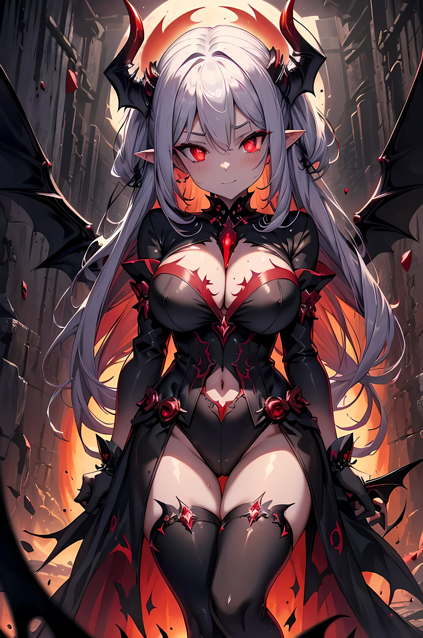 (masterpiece), best quality, expressive eyes, perfect face,(1girl),(demon wings, demon tail),((silver hair)),(glowing yellow pupils),(huge breasts:1.2),cleavage,tattoos,(succubus:1.5),(dark red and black clothes:1.5),anklets,crystal pendant,pointy ears,armlets,bracelets,evil smile,standing,head tilt,dynamic angle,sexy pose,(red moon scenary),(red night:1.1),(red sky 1:1),magic circles,red magic orbs
