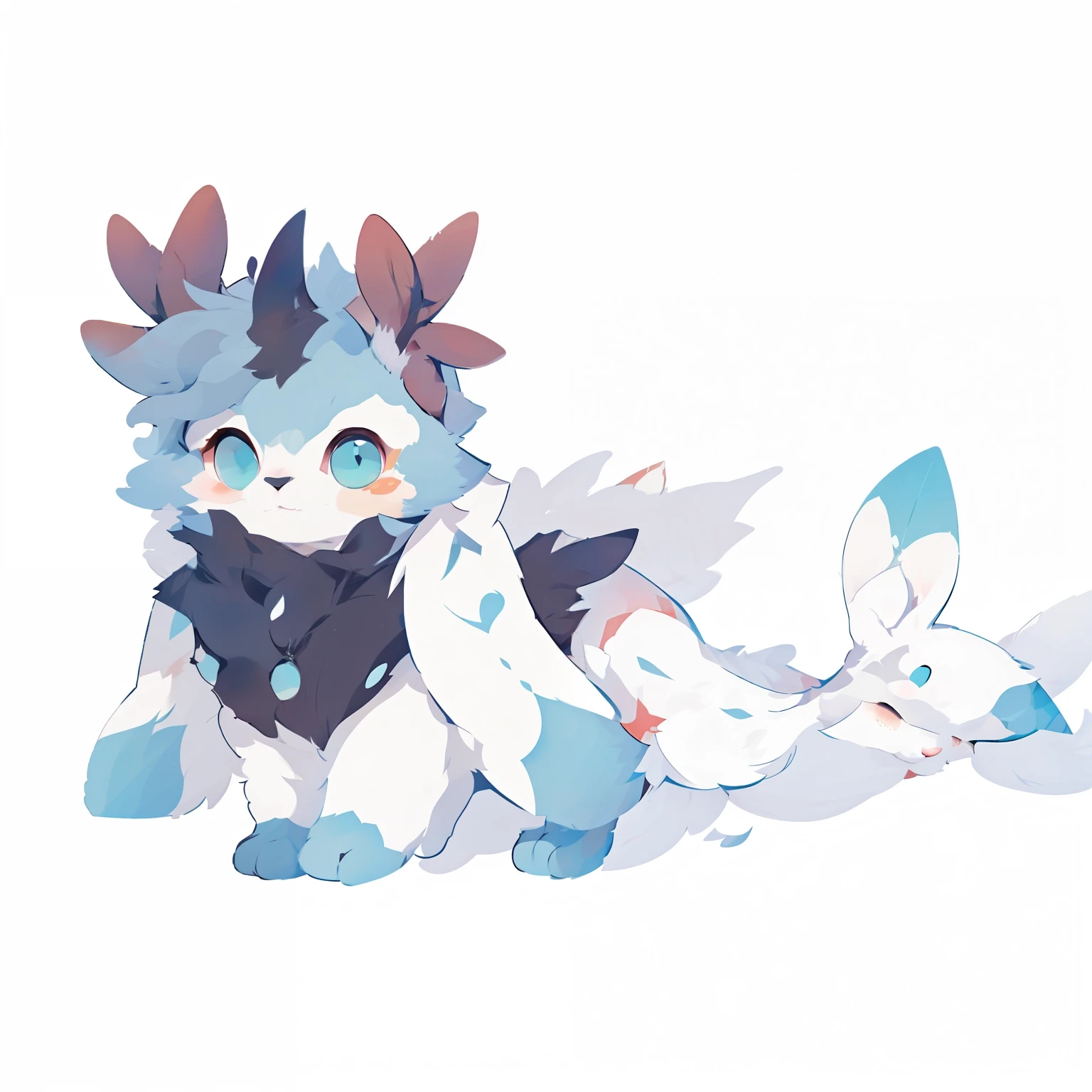 A blue and white cartoon rabbit, ice princess,（（Little blue fluffy female white rabbit））, 4 ears, 2 extra ears, big ear, long ears, Ears prick up, prick up your ears, long eyelashes, fluffy兔子尾巴, complex pattern，Seahorse Fursona, animal art, Hibiscus, low resolution, Furan Affinity Committee, animal committee, Elf art style, Cute Pokemon style, new pokemon, Fursona Furry Arts Council, high resolution committee, fluffy!!!