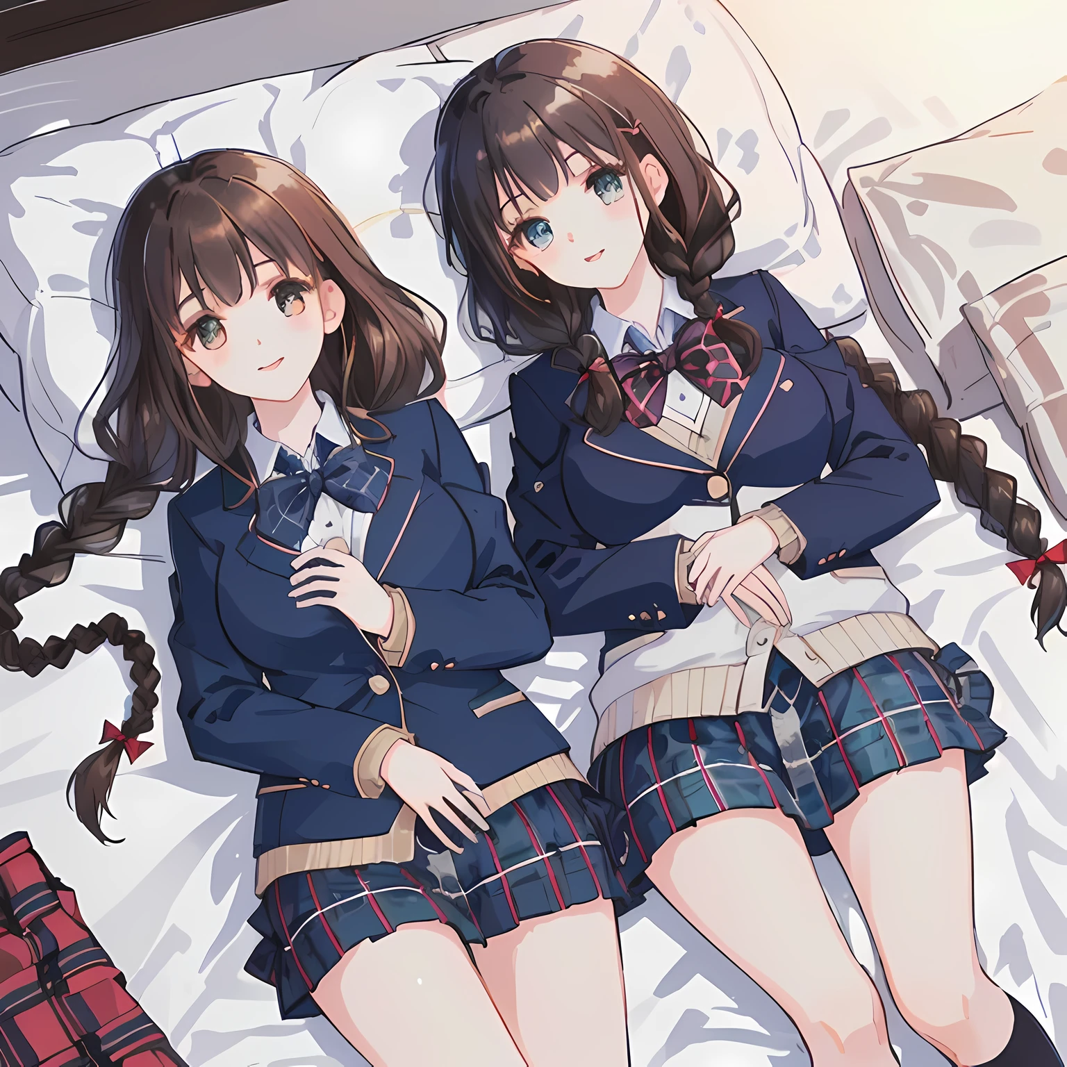 highest quality, (masterpiece:1.2), High resolution, perfect pixel, A very beautiful woman is lying on the bed, 16 years old, ((girly large wine-red glossy polyester Japanese school ribbon bow tie)), (((a pair of dark brown tightly braids hair style))), ((((dark blue & deep navy colored tartan checkered long skirt)))), ((A formal dark blue blazer that is slightly larger and has a gold emblem on the left chest that feels like the texture of the cloth.)), Watching the viewer and laughing, the skirt is so cute, detailed fingers, modest chest, curled bangs, Lip balm, The background is a black bed in a night room, Beautiful down to the tips of her legs