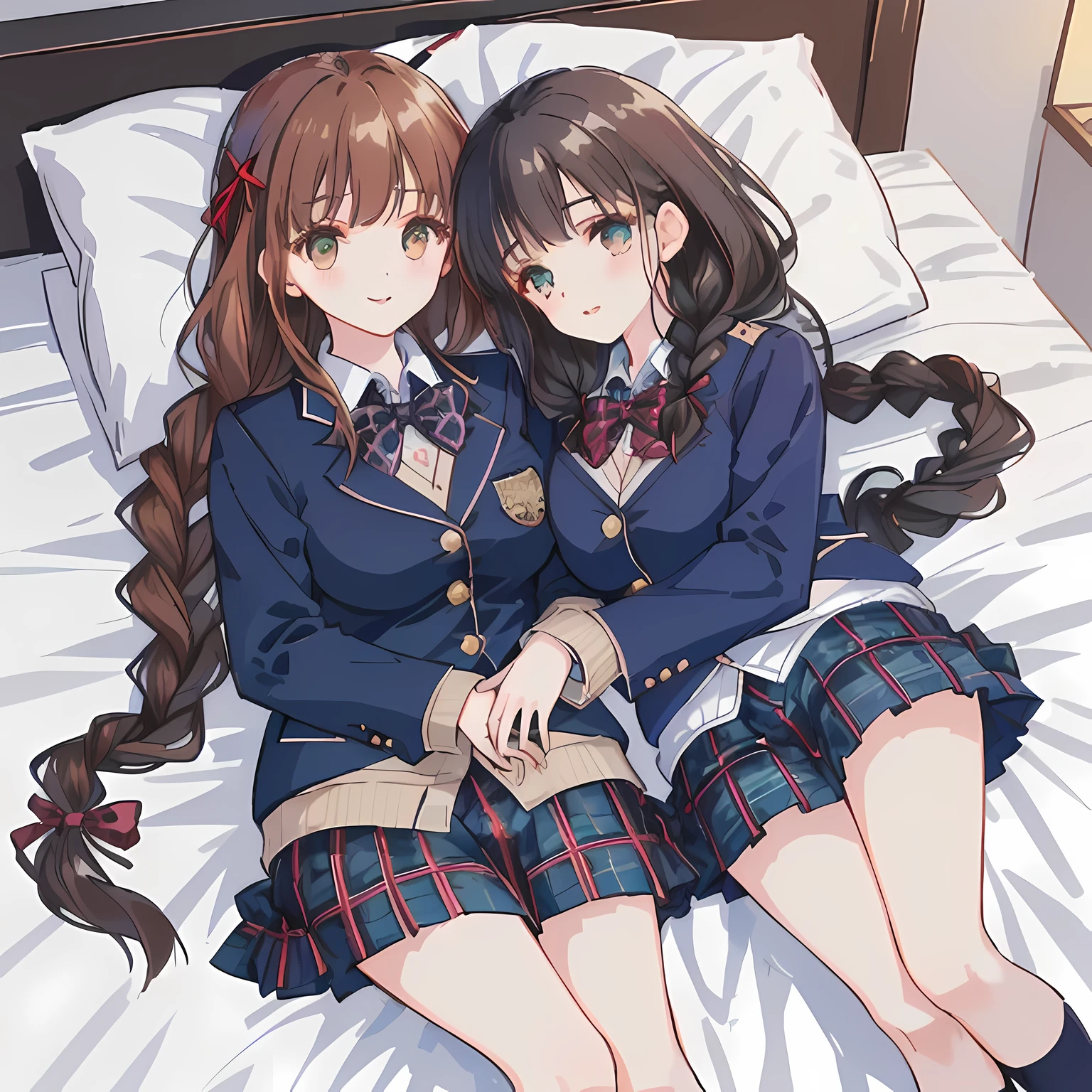 highest quality, (masterpiece:1.2), High resolution, perfect pixel, A very beautiful woman is lying on the bed, 16 years old, ((girly large wine-red glossy polyester Japanese school ribbon bow tie)), (((a pair of dark brown tightly braids hair style))), ((((dark blue & deep navy colored tartan checkered long skirt)))), ((A formal dark blue blazer that is slightly larger and has a gold emblem on the left chest that feels like the texture of the cloth.)), Watching the viewer and laughing, the skirt is so cute, detailed fingers, modest chest, curled bangs, Lip balm, The background is a black bed in a night room, Beautiful down to the tips of her legs