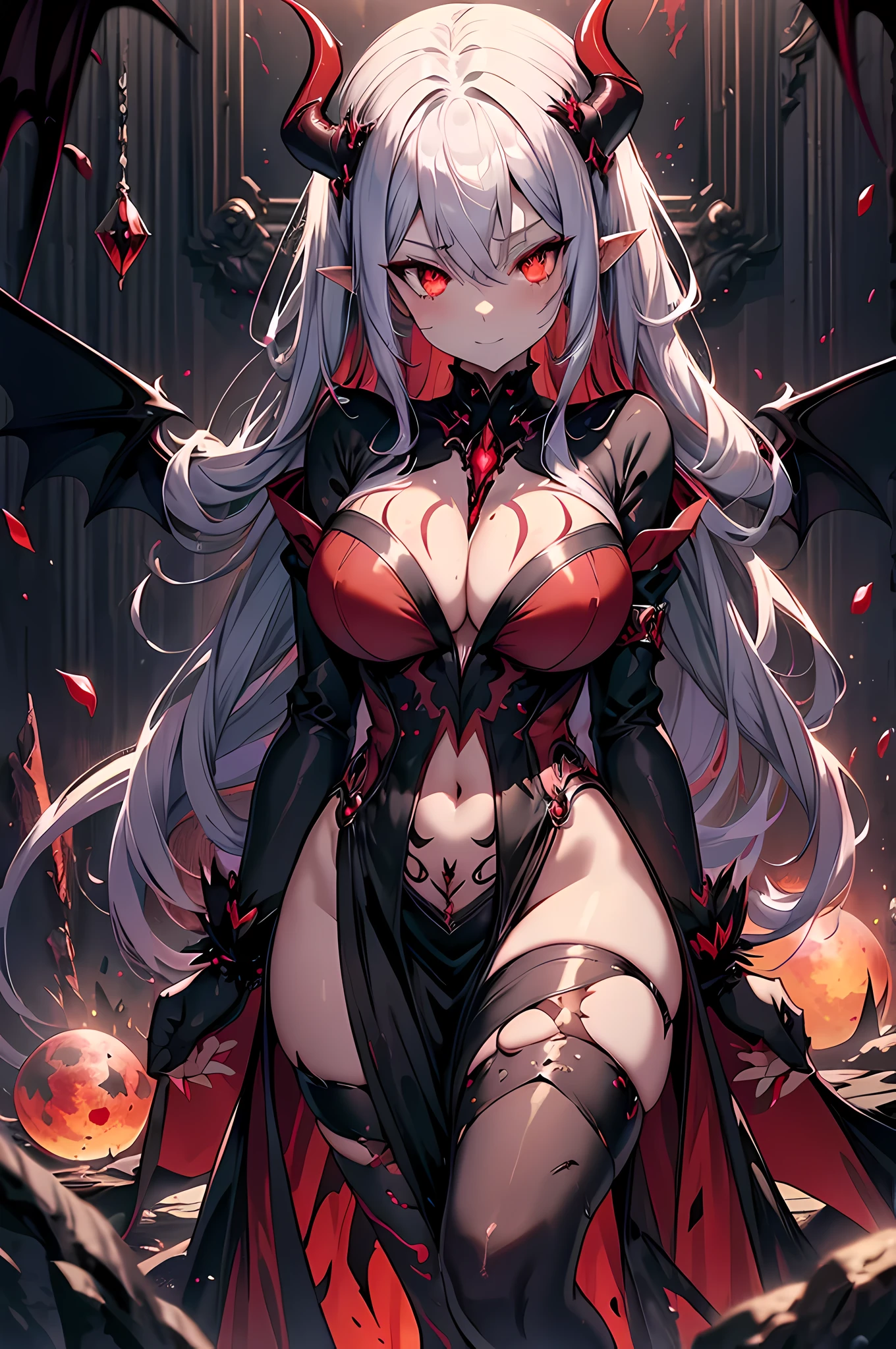 (masterpiece), best quality, expressive eyes, perfect face,(1girl),(demon wings, demon tail),((silver hair)),(glowing yellow pupils),(huge breasts:1.2),cleavage,tattoos,(succubus:1.5),(dark red and black clothes:1.5),anklets,crystal pendant,pointy ears,armlets,bracelets,evil smile,standing,head tilt,dynamic angle,sexy pose,(red moon scenary),(red night:1.1),(red sky 1:1),magic circles,red magic orbs