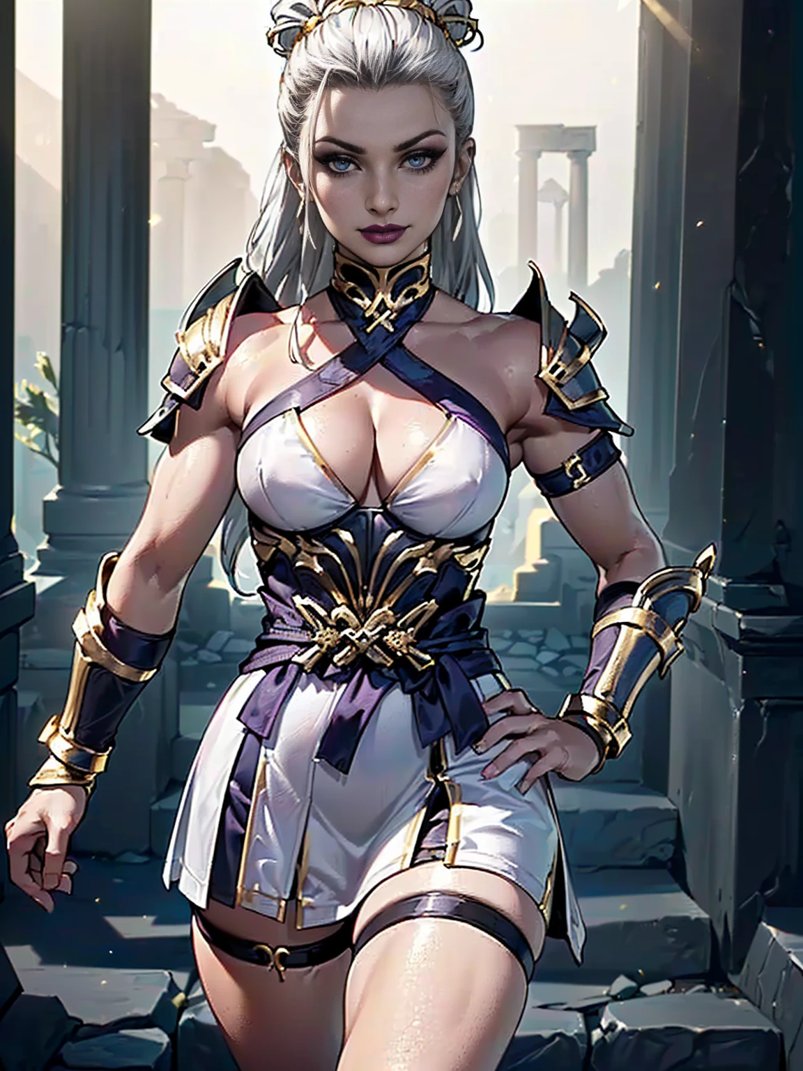 (((1girl, solo ,alone, Mortal Kombat 11: Aftermath,( toned body, athletic body, muscular ), flawless face, Sindel, black eyes, gray hair, Sidel hair, long hair pulled back, long hair slicked back, multicolored hair))),  fitness, ((solo, (1woman, pink lipstick), Extremely detailed, ambient soft lighting, 4k, perfect eyes, a perfect face, perfect lighting, a 1girl)), ((looking at viewer, solo, detailed background, close up, mischievous eyes, (hot summer greek theme:1.1), greek duelist woman, heavy makeup, smirk, mysterious, walking in desert, ((revealing white and gold and sapphire greek robes, armor greek, white short skirts, criss cross straps)), jewelry, minimal armor, white fabric, gold jewelry, precious stones, slim waist, slim hips, legs, ancient (greek temple exterior:1.1) background, dark mysterious lighting, shadows, magical atmosphere, dutch angle))