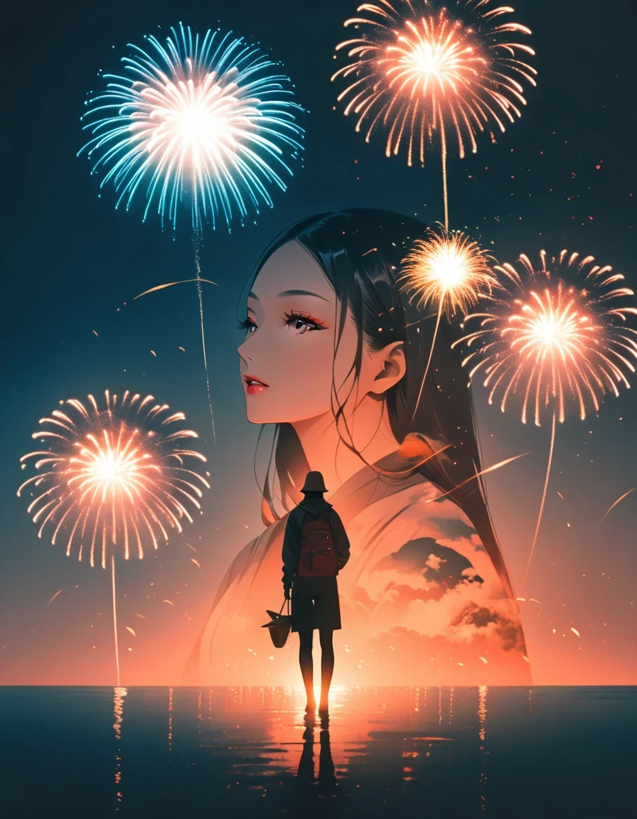 Beautiful dancer&#39;s slender shadow on the ground，double exposure，Human fireworks，fisherman，lip print