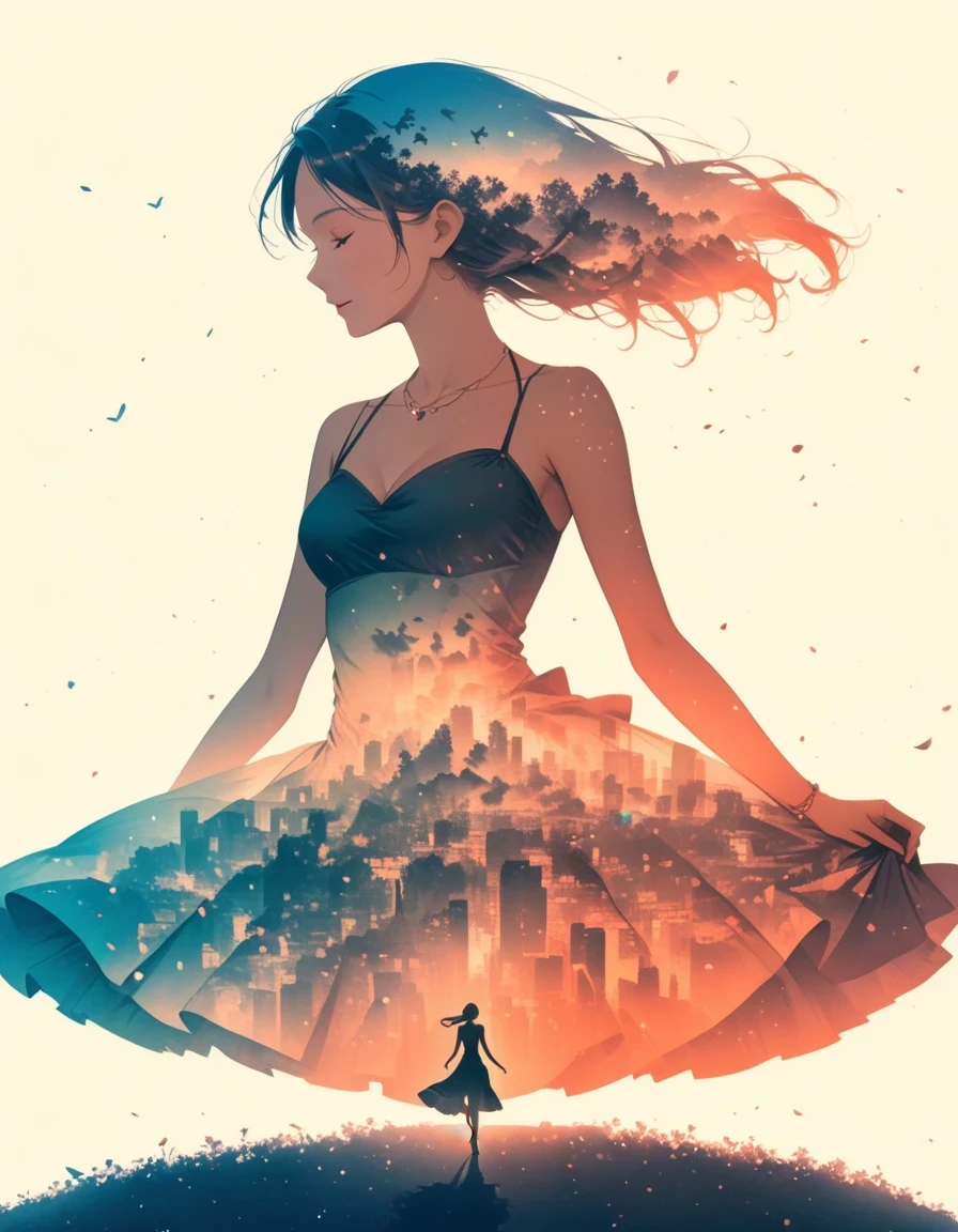 Beautiful dancer&#39;s slender shadow on the ground，double exposure