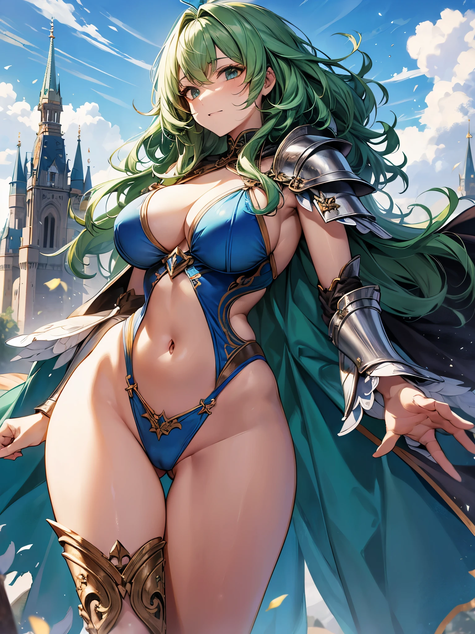 full body figure、(((green haired woman、Fluffy curly middle hair、female hero、blue swimsuit bodysuit、naked:1.3,blue armor:1.3、cloak)))、break,(((They are fighting with huge Western swords in front of a big castle.:1.3)))